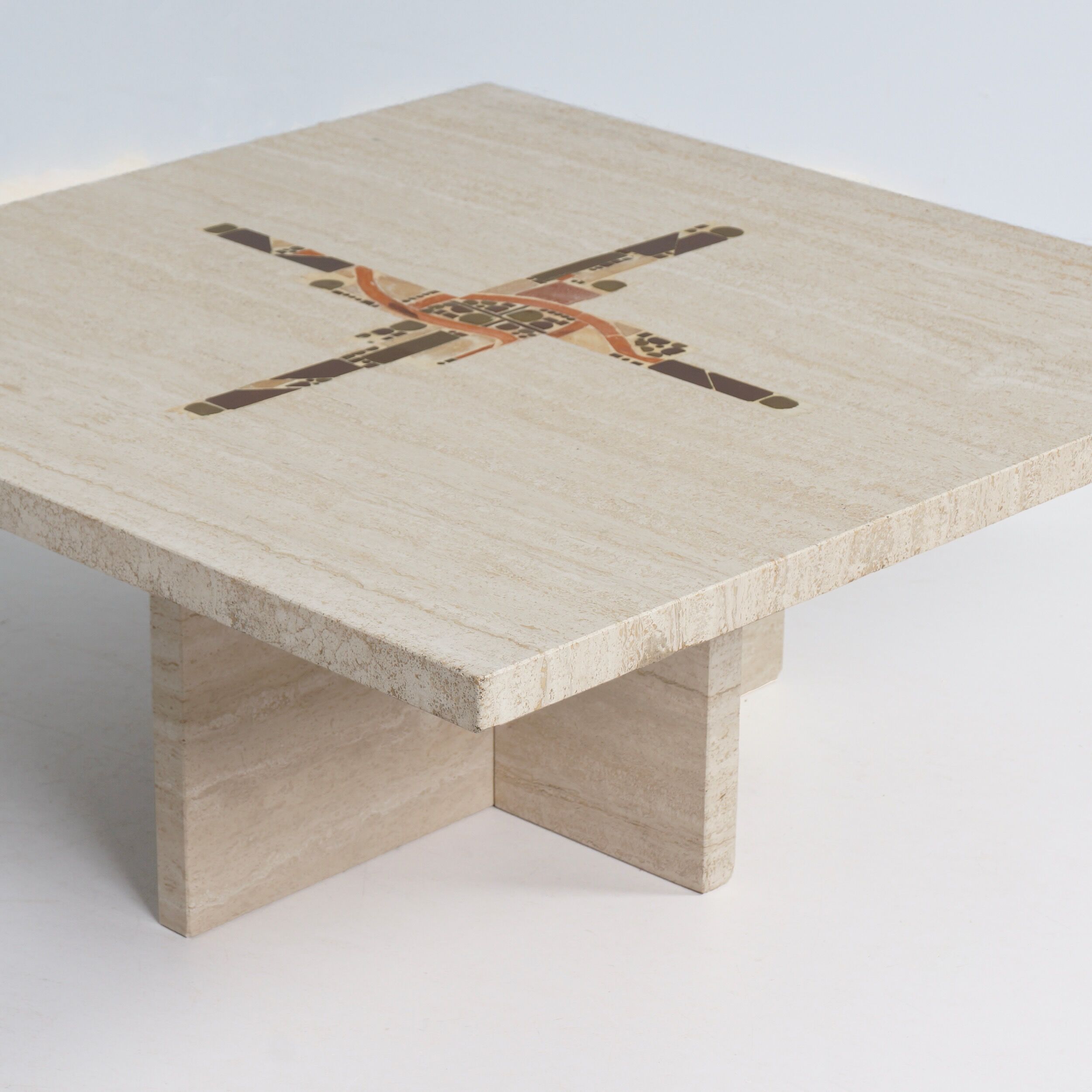 Coffee table by Paul Kingma in travertine with marble and brass inlay, 1980