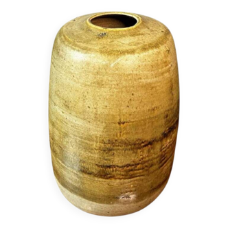 Yellow modernist vase without neck 33cm by georges ponsart, grand feu salted stoneware, bouffioulx ca 1950