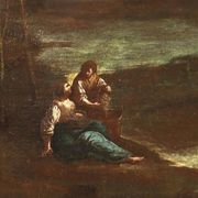 Ancient painting from the 1700s, landscape with figures, oil on canvas, styled frame.