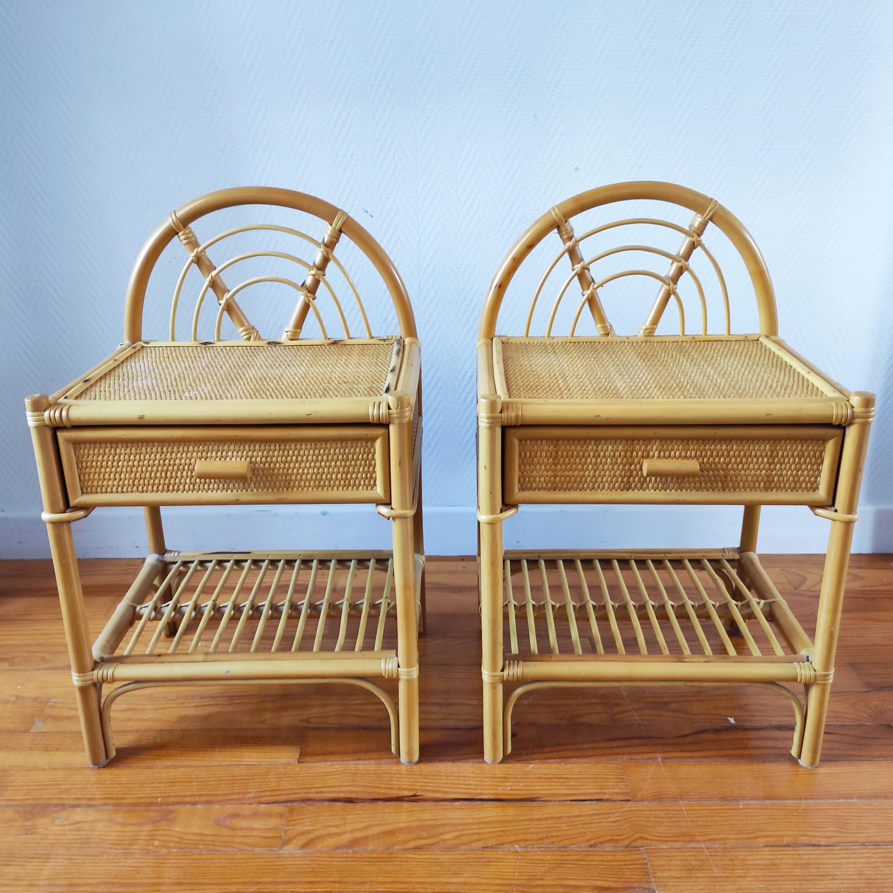 Pair of vintage bedside tables in light rattan