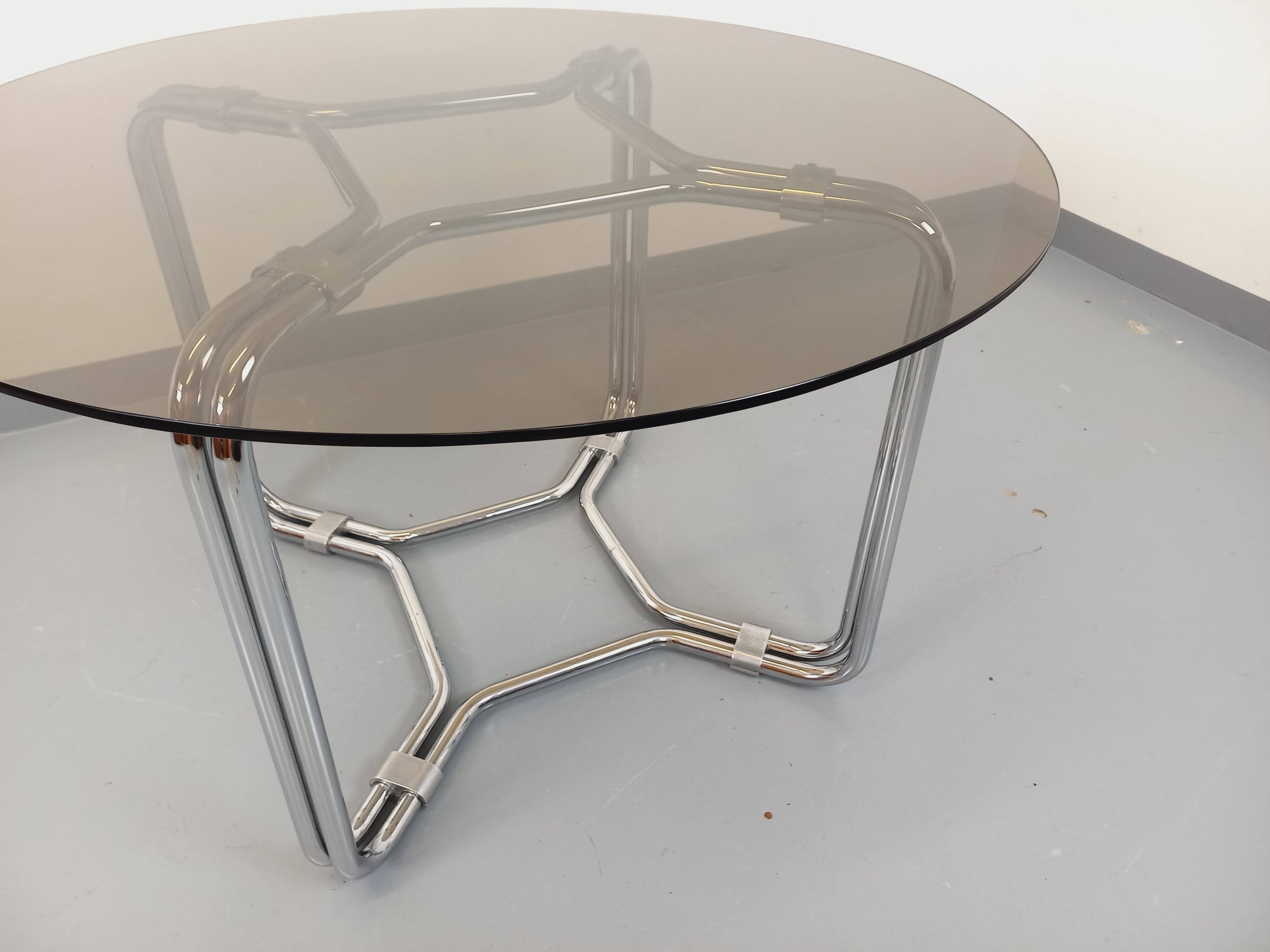 Vintage round dining table in smoked glass and chrome metal