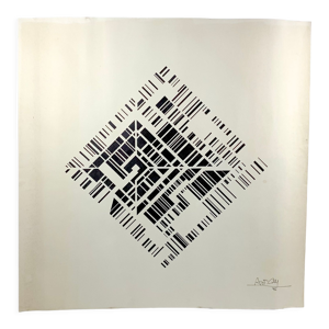 Lithographie abstraite - moderne noir