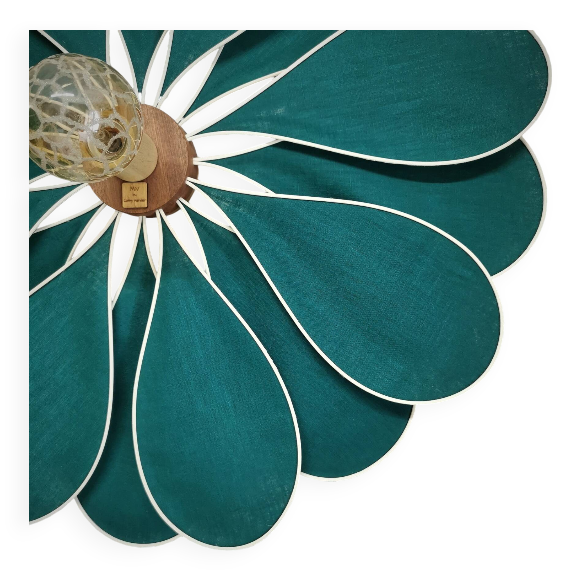 Emerald green rattan and linen flower wall light with 16 petals