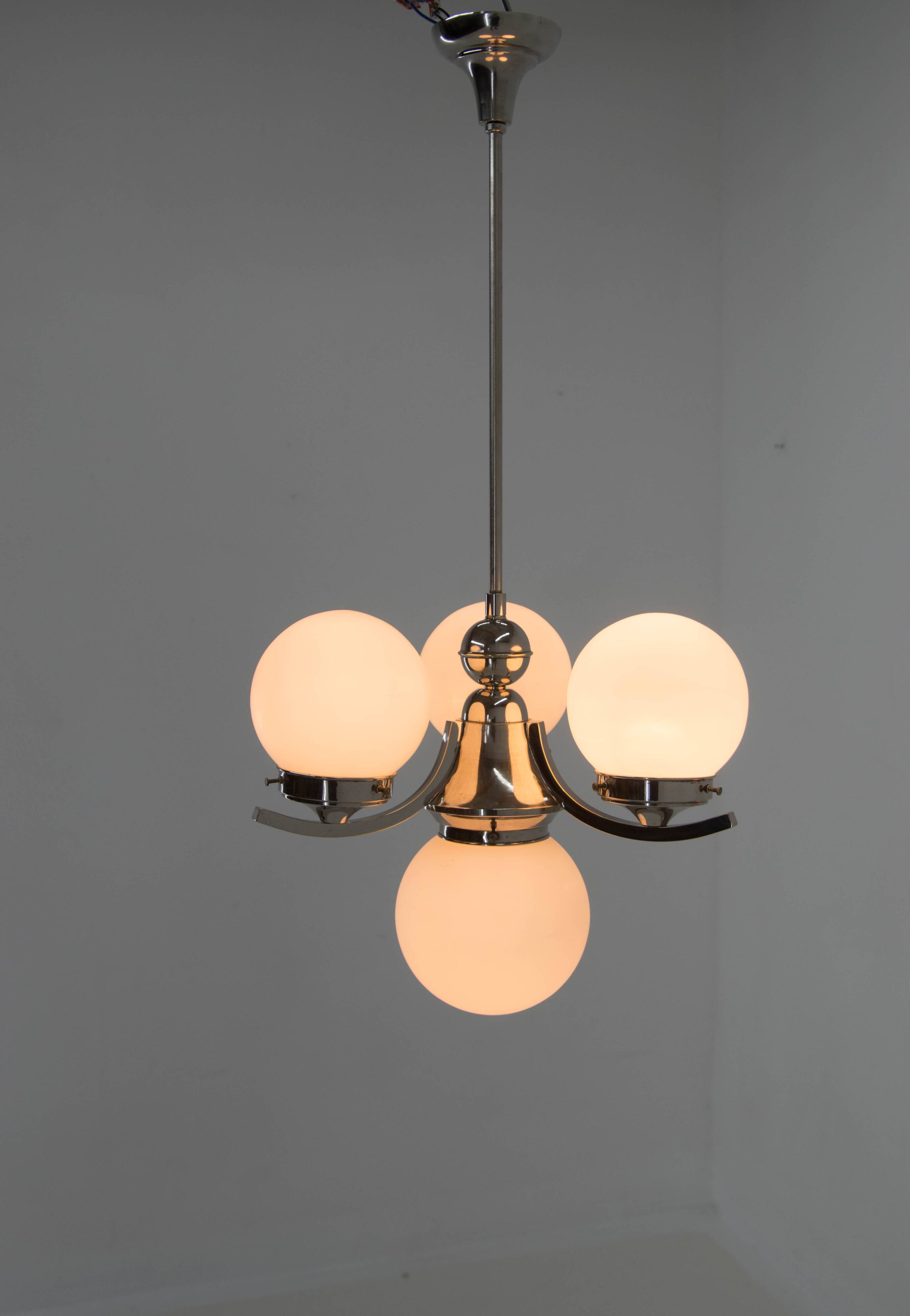 Art deco nickel and glass chandelier, 1930s