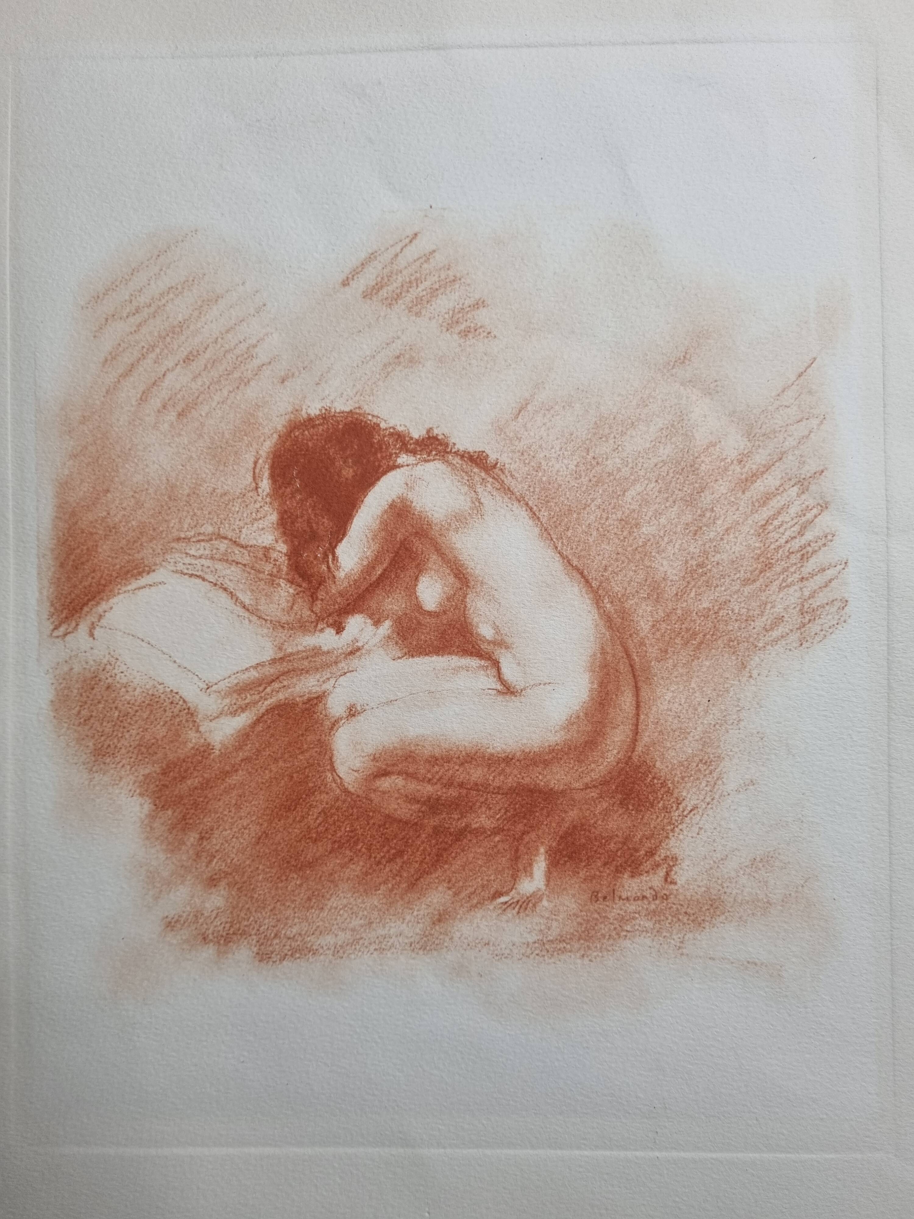 Print "Nude crouching on the pillow" in sanguine after Paul Belmondo, 29 x 34.5 cm