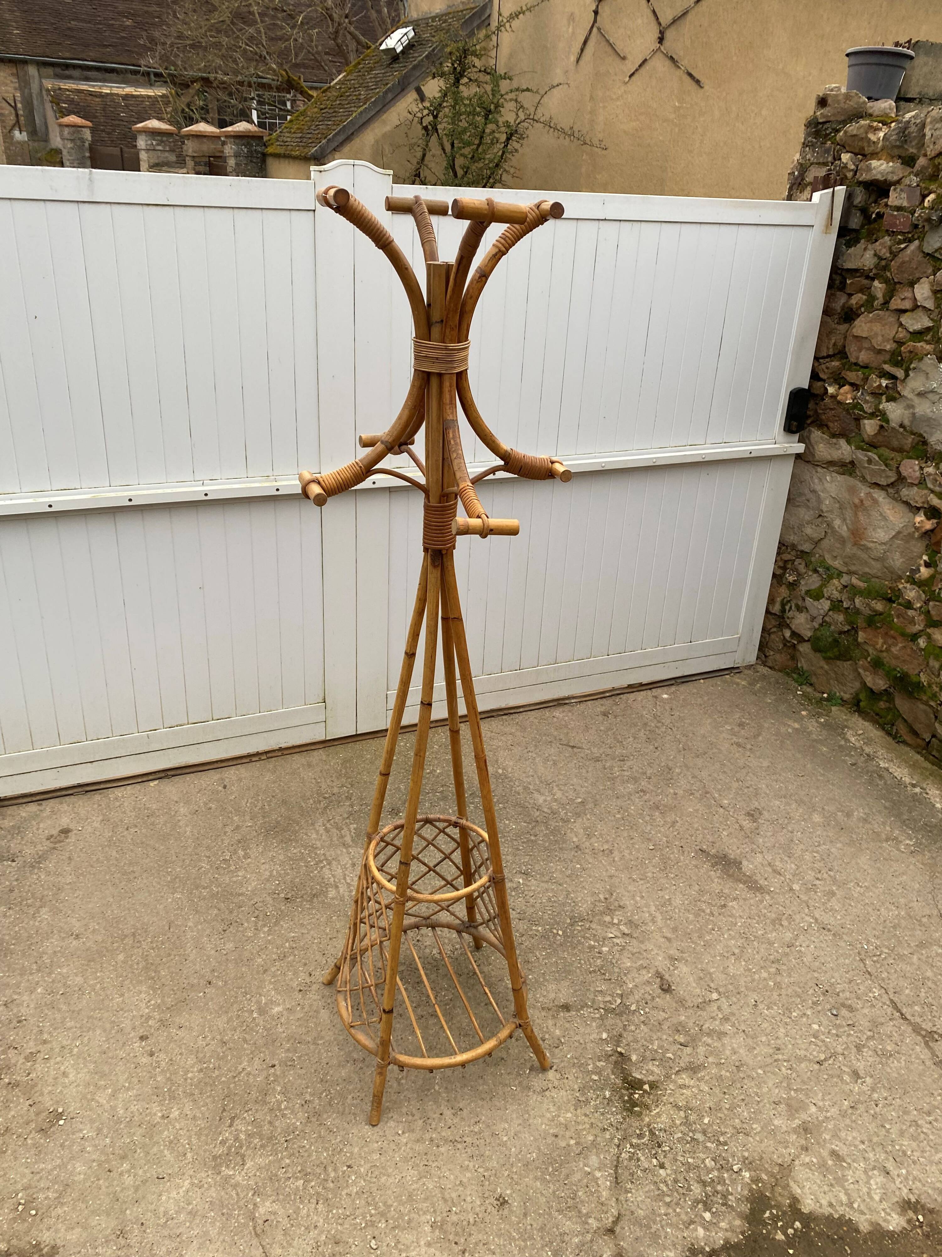 Vintage 1970s rattan coat rack