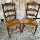 Pair of Rustic Antique Turned Wood Chairs + Woven Straw Seat Wine