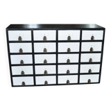 Vintage industrial chest of drawers in black and white pine, 20 drawers, 1950s apothecary style.