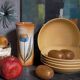 Five vintage natural stoneware soup plates