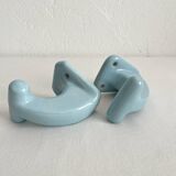 2 patères de salle de bain vintage en céramique bleue