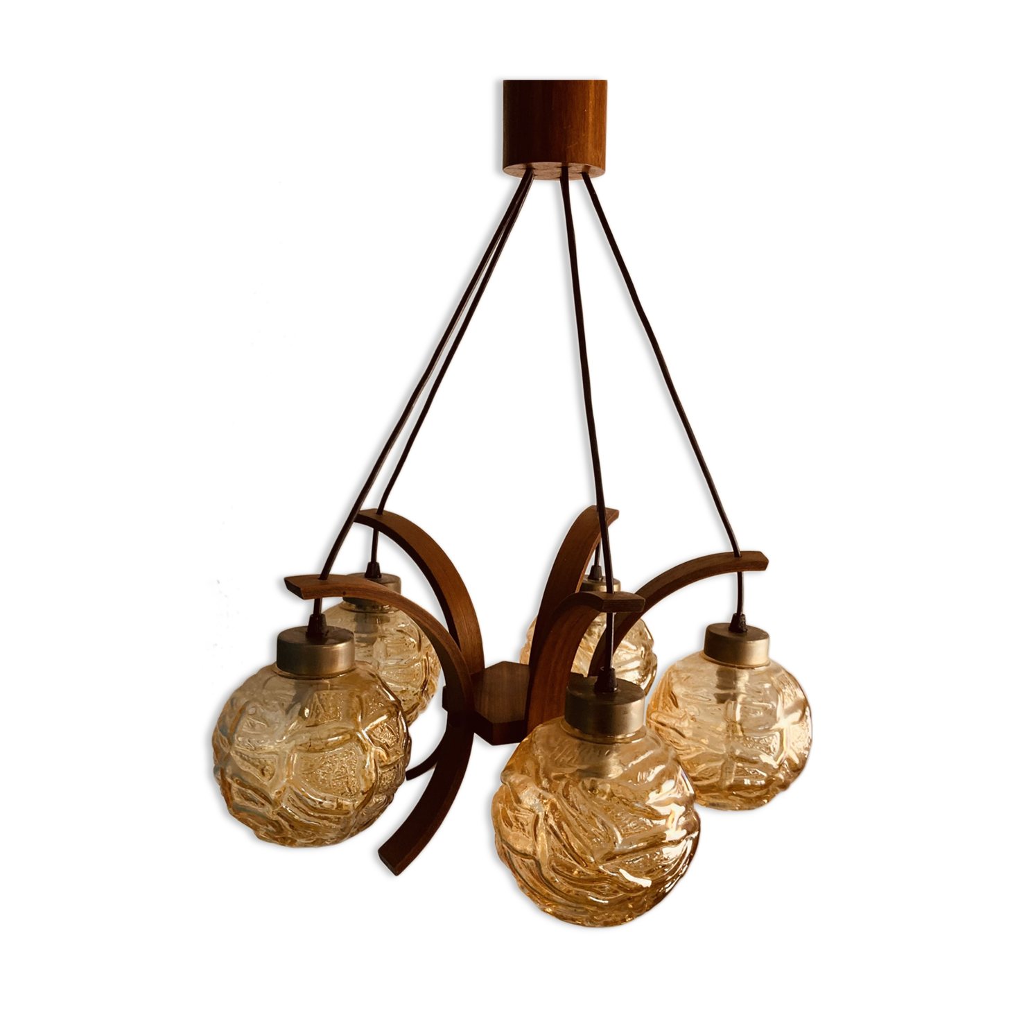 Iridescent glass teak chandelier - 5 burners