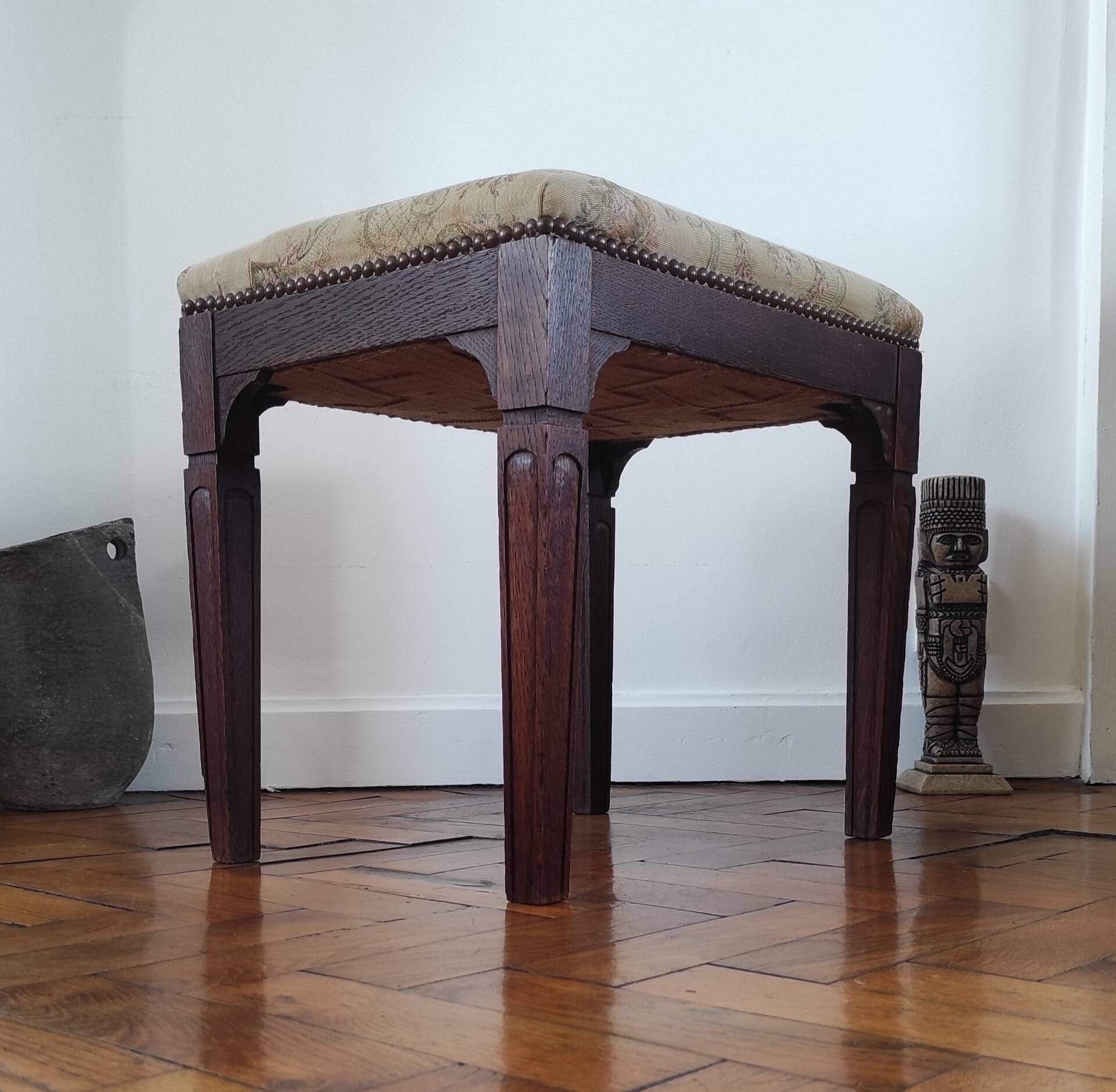 Footrest, vintage stool in solid oak with floral upholstery.