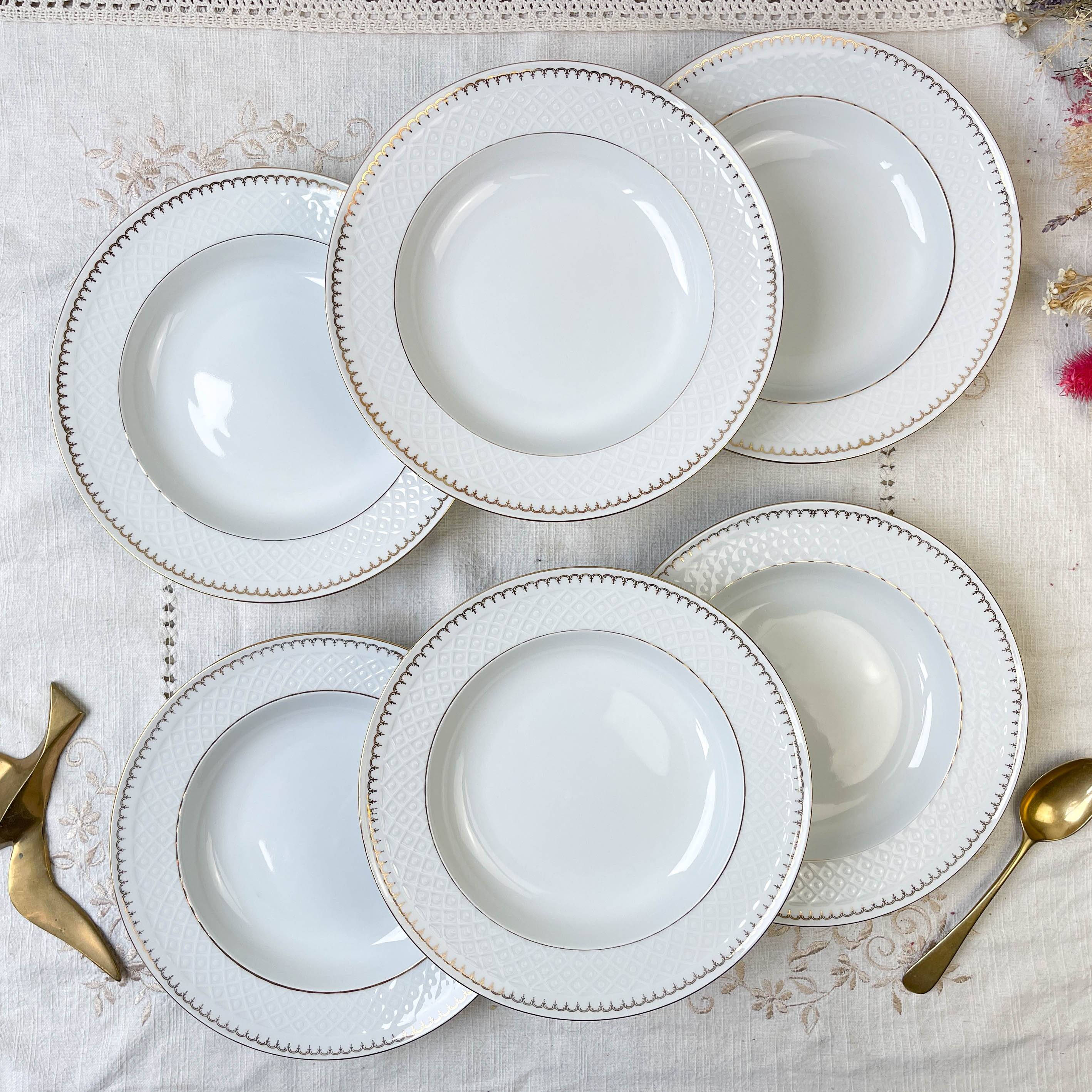 6 deep plates in white and gold porcelain, Bavaria model "Annabell"