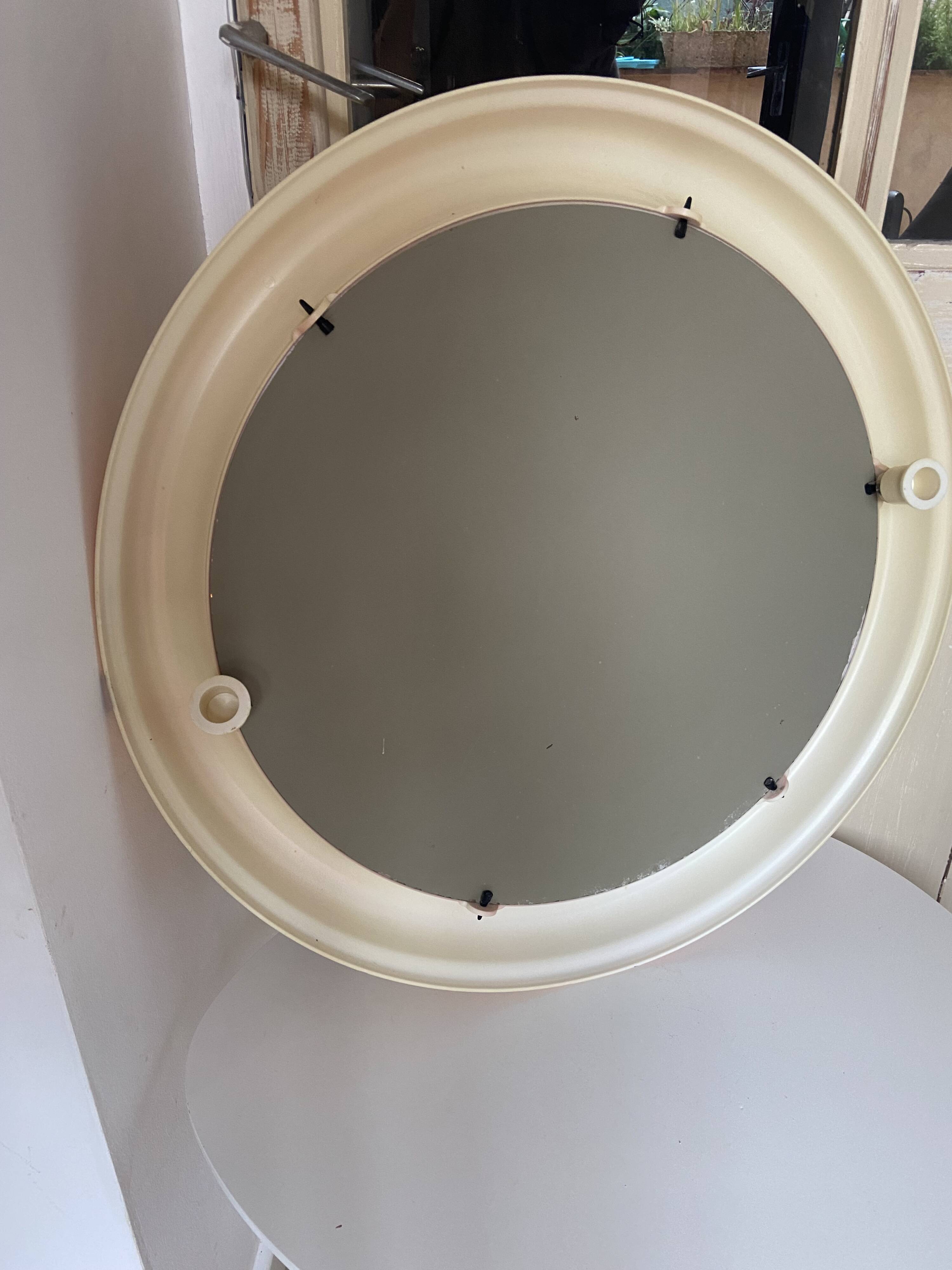 Round Beige and Coral Plastic Wall Mirror from the 70s-80s