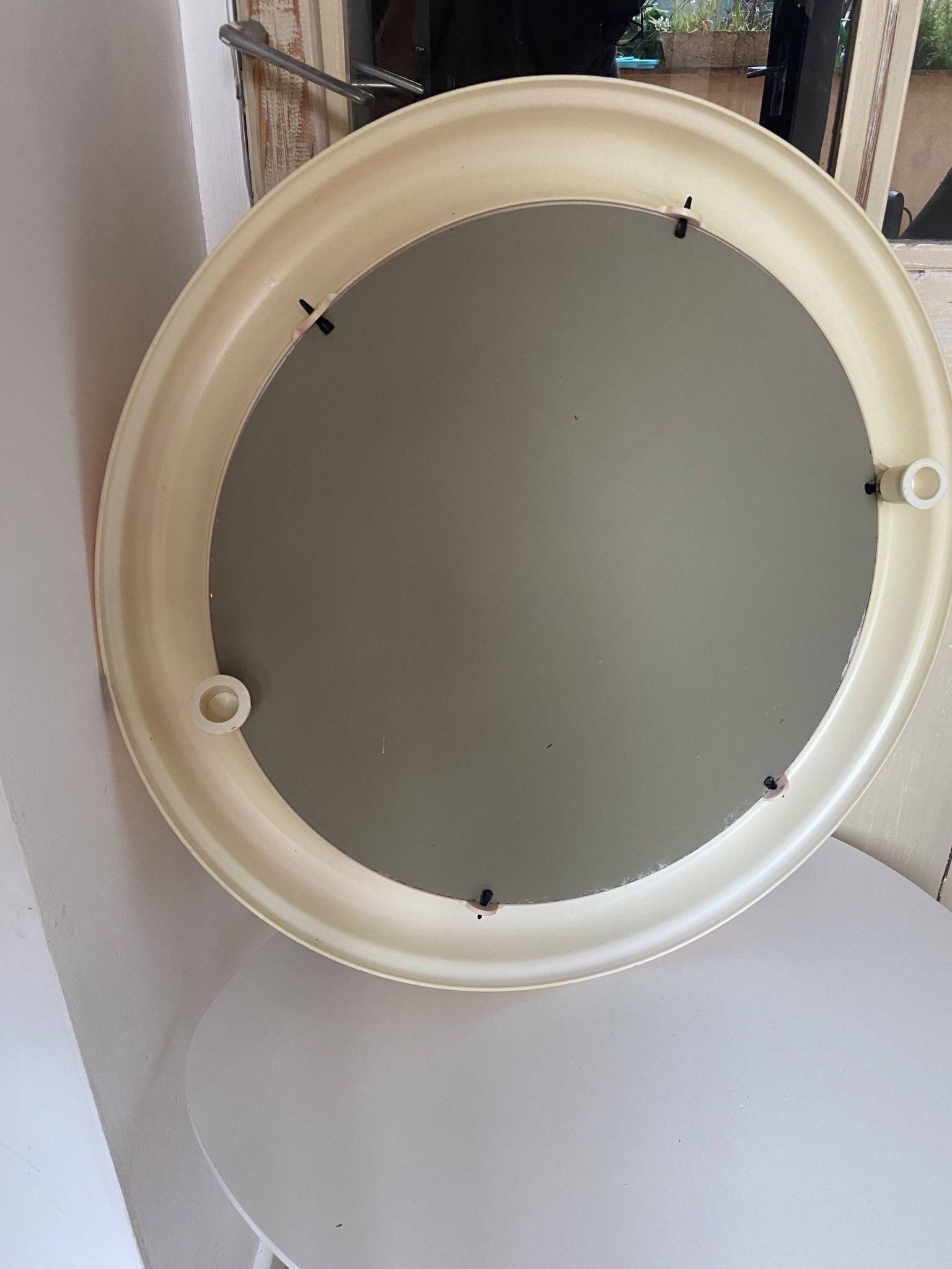 Round Beige and Coral Plastic Wall Mirror from the 70s-80s