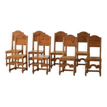 The Modern Scandinavian Modern, Set of 8 Solid Pine Dining Chairs, Mid 20th Century, 1950s