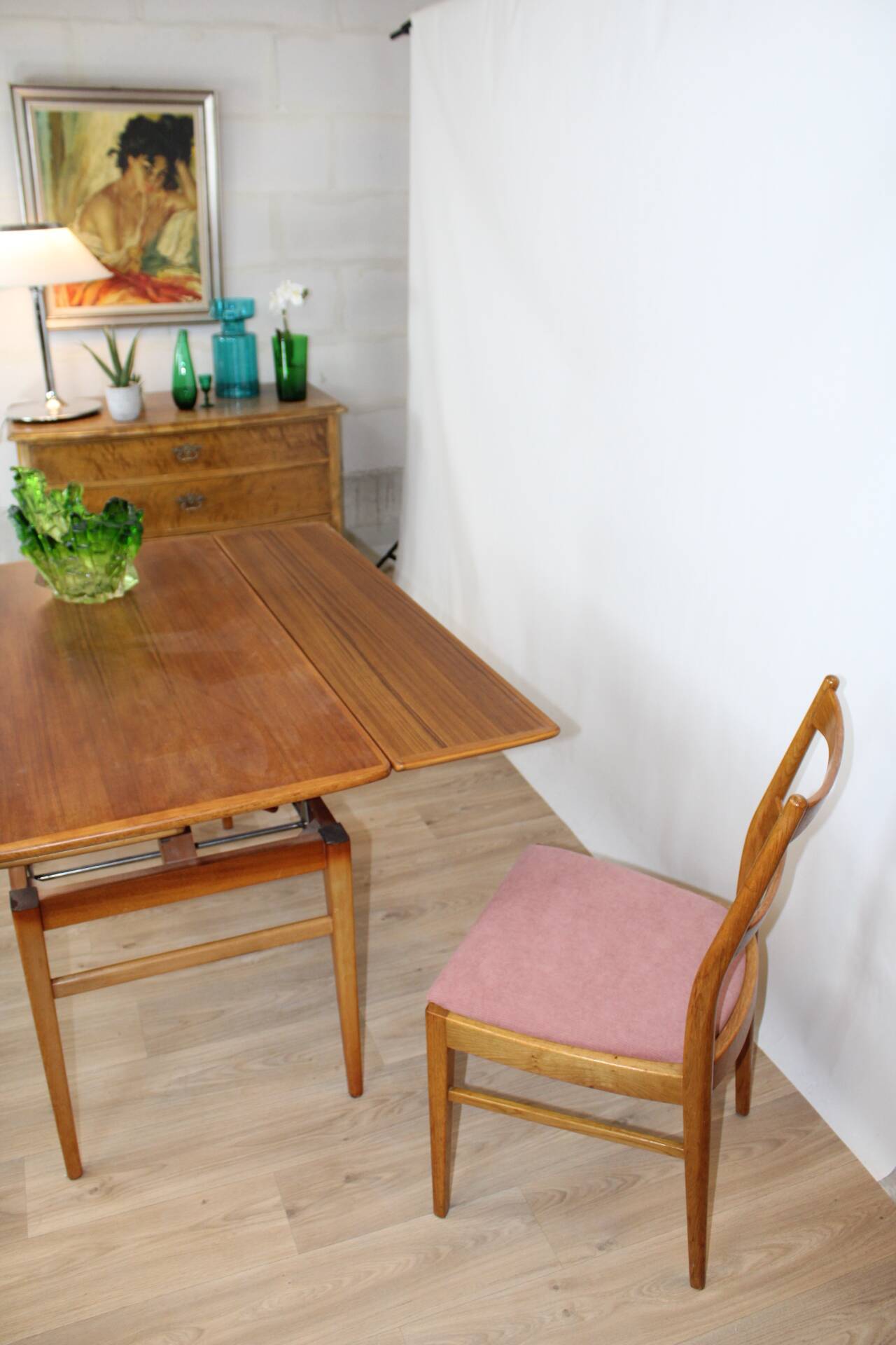 Chaise teck vintage velour rose danemark