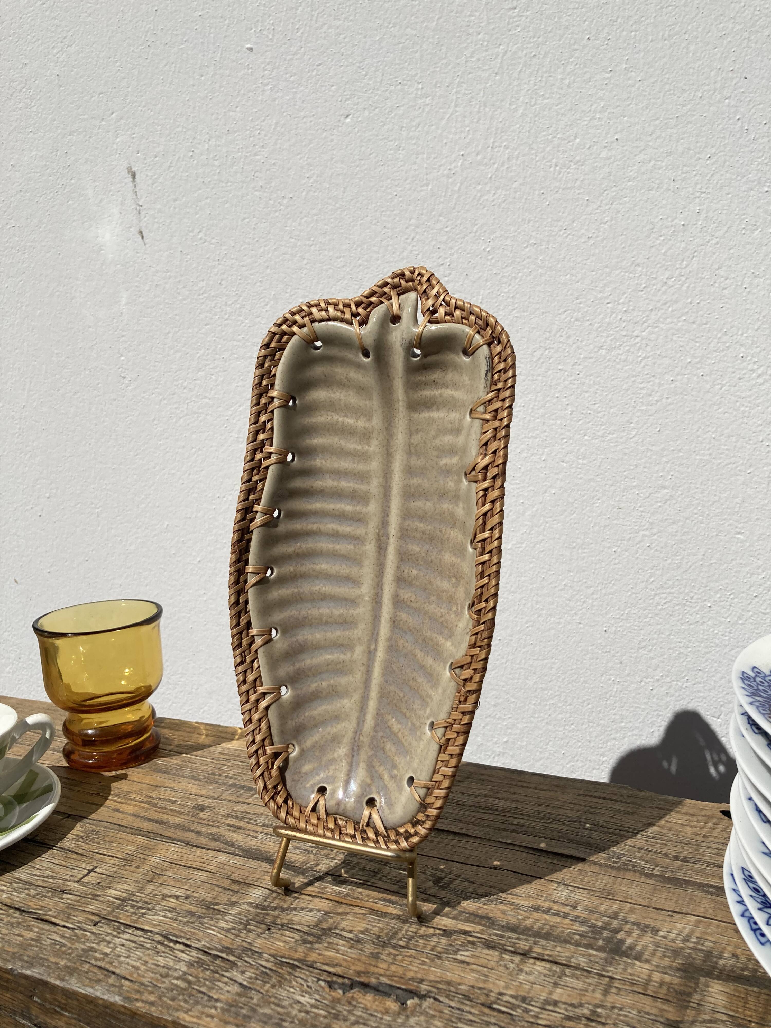 Vide poche coupelle en grès et osier tressé vintage
