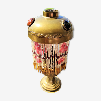 Oil lamp with its hat with 3 cabochons and its fringes in beads