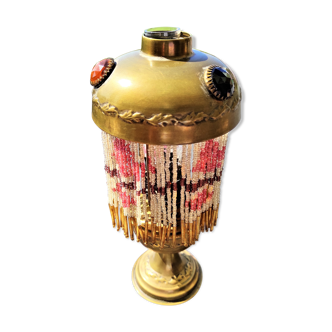 Oil lamp with its hat with 3 cabochons and its fringes in beads