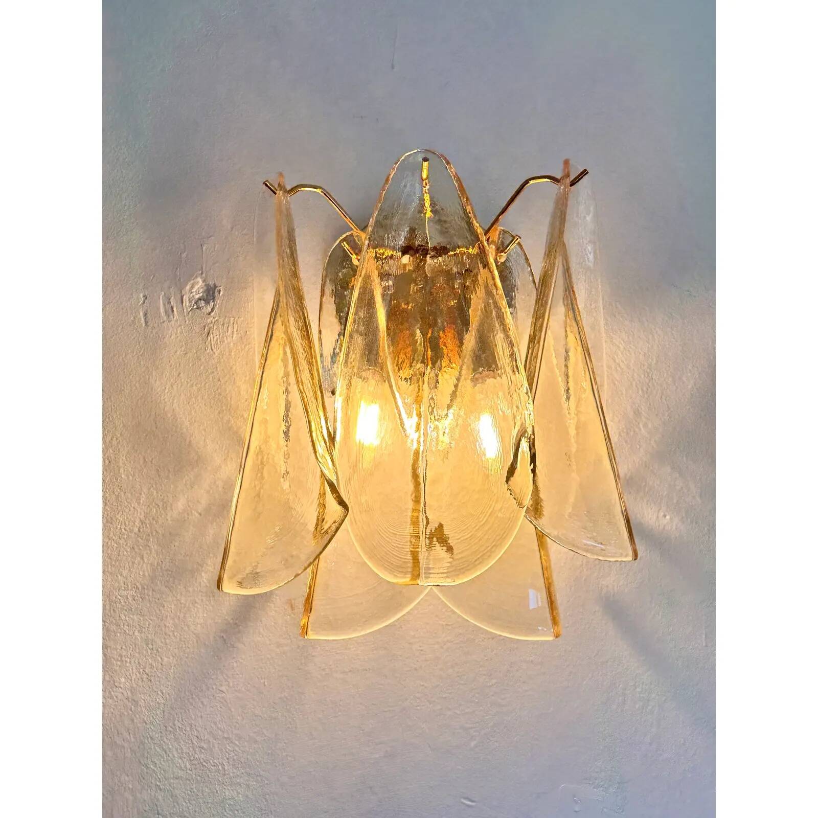 Pair of Amber “Rondini” Murano Glass Gold Wall Sconces — Mazzega Style
