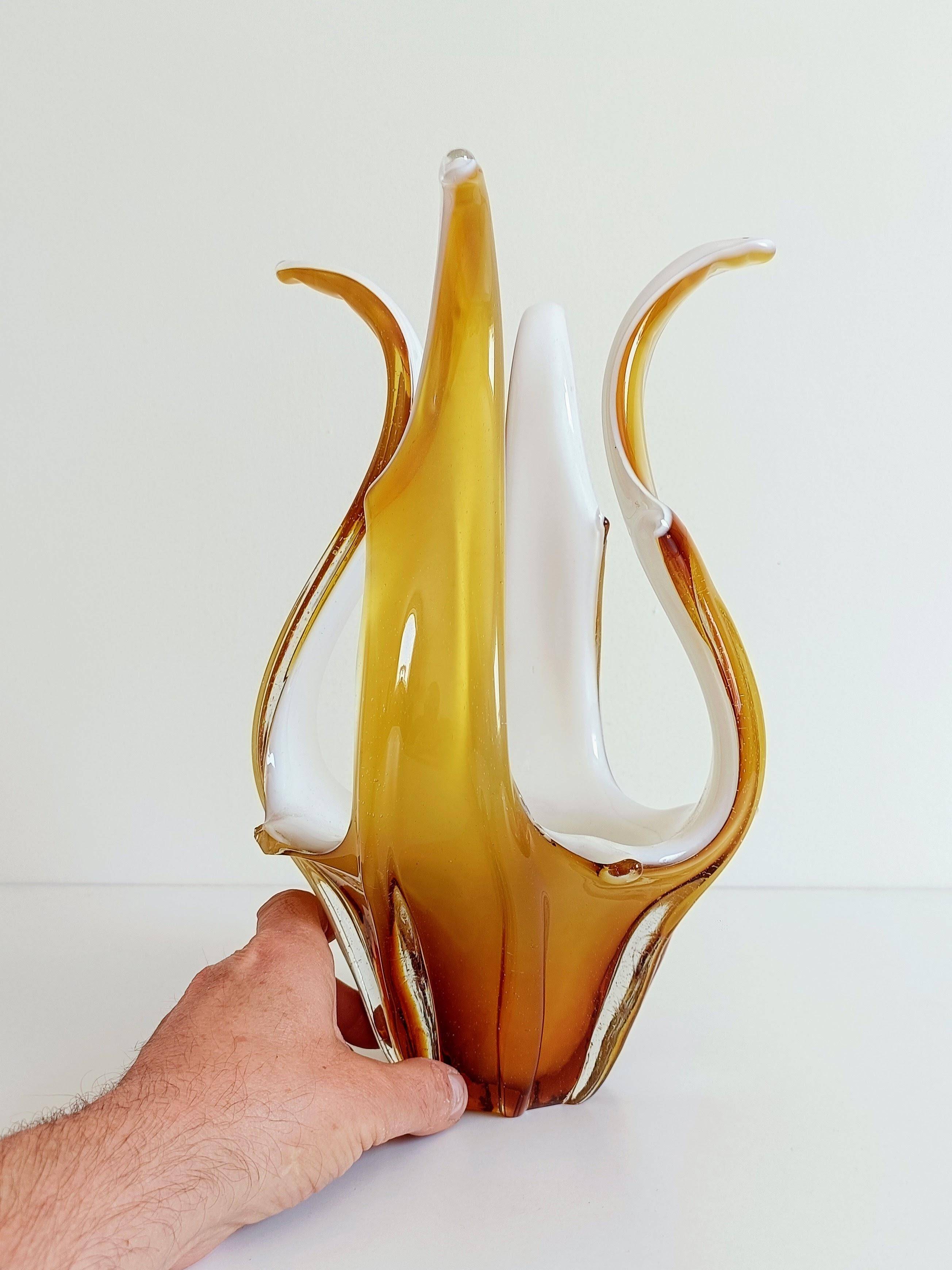 Mid-Century Modern Murano Glass Vase, Amber & Opal, Italy, 1960s