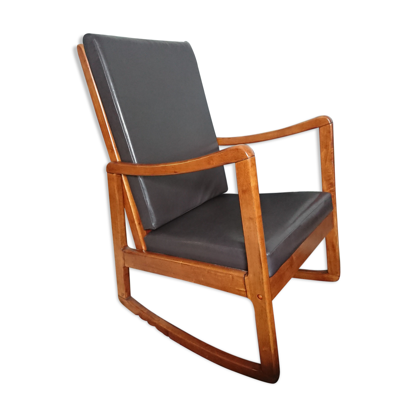 Rocking-chair in teak and skai
