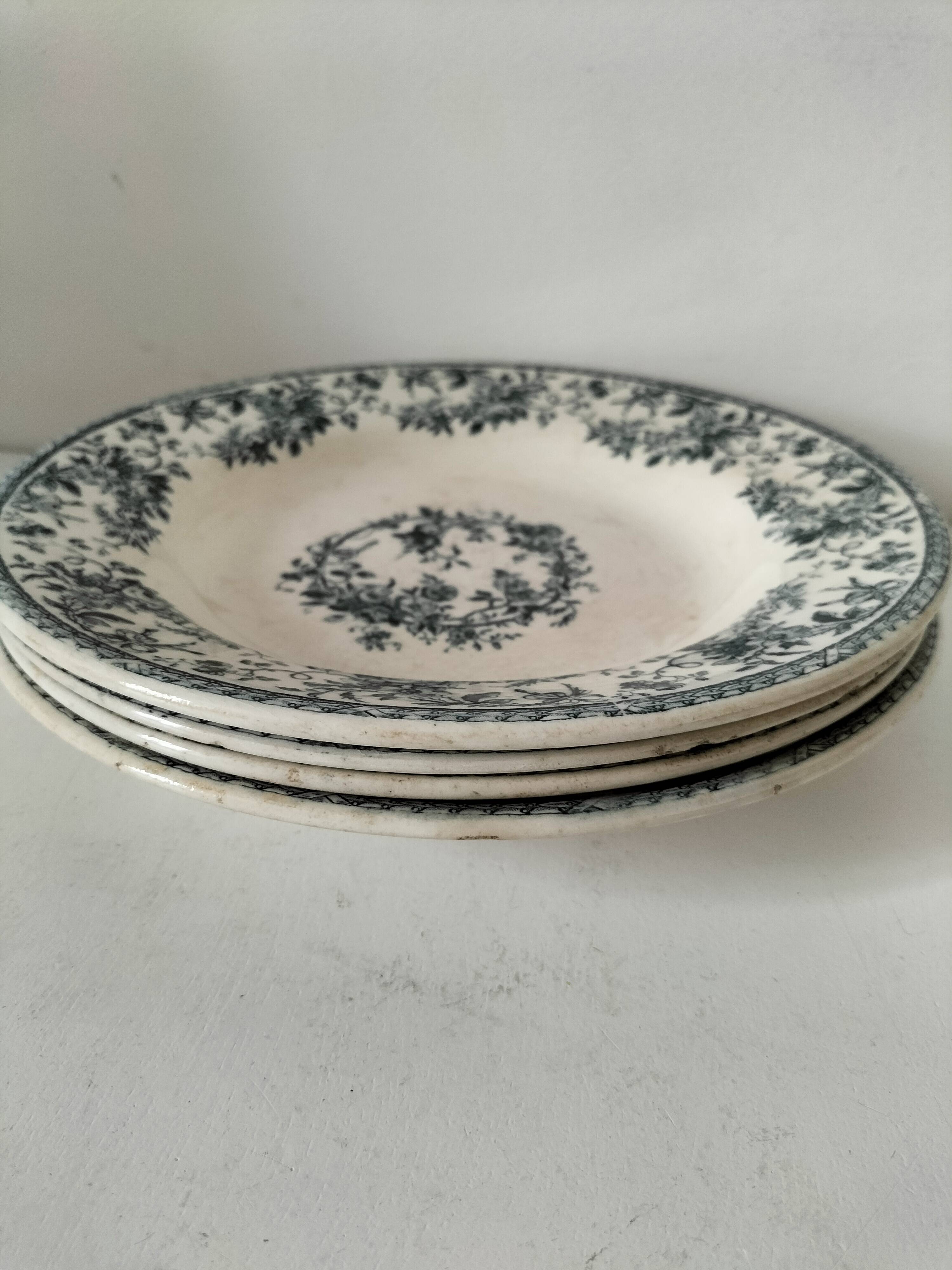 4 assiettes creuses Gien Bouquets de Roses terre de fer bleu de prusse
