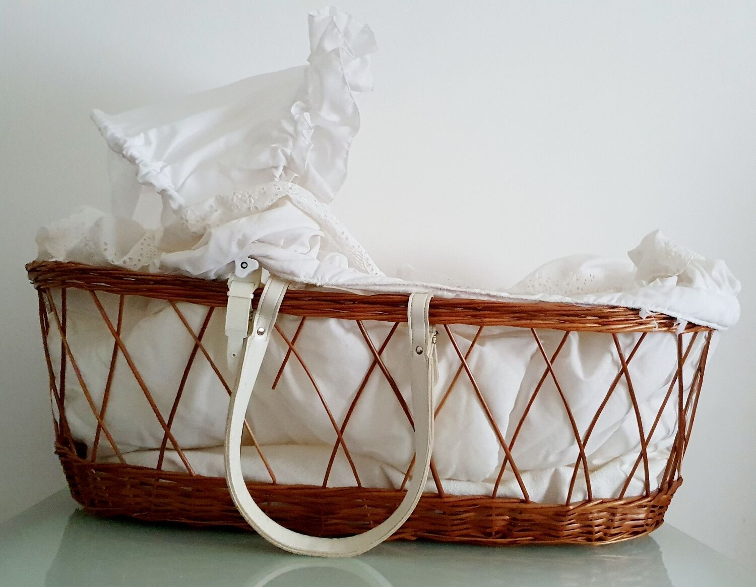 1970s rattan cradle/bassinet with hood and arch