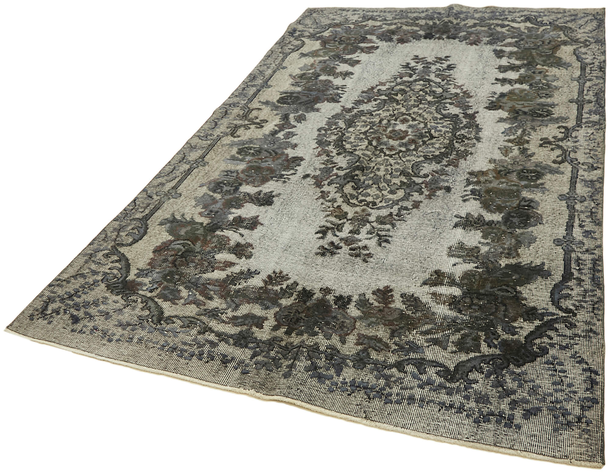 Handmade distressed turkish 1980s 181 cm x 292 cm grey rug