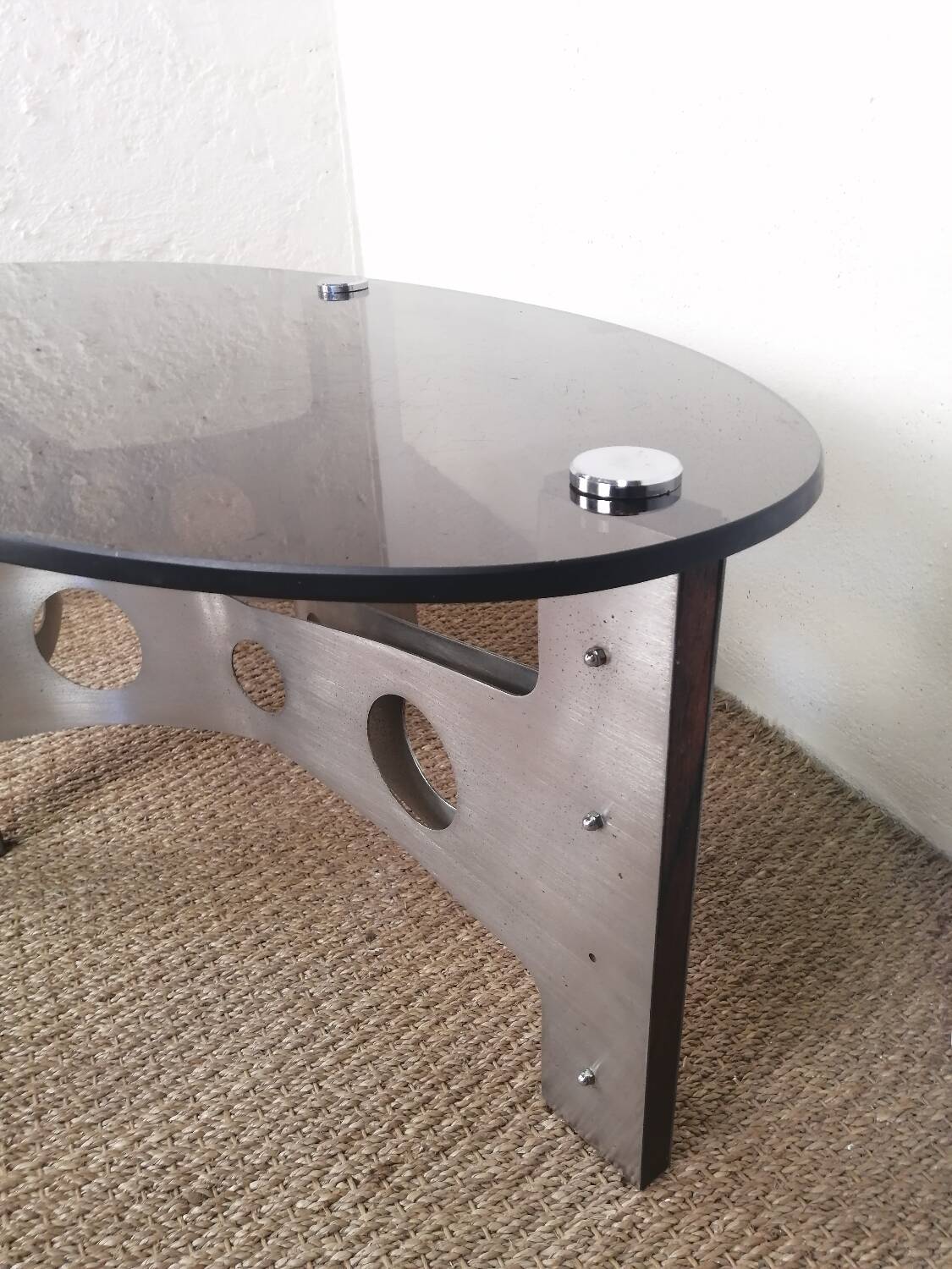 Vintage design coffee table in brushed aluminum and glass top.