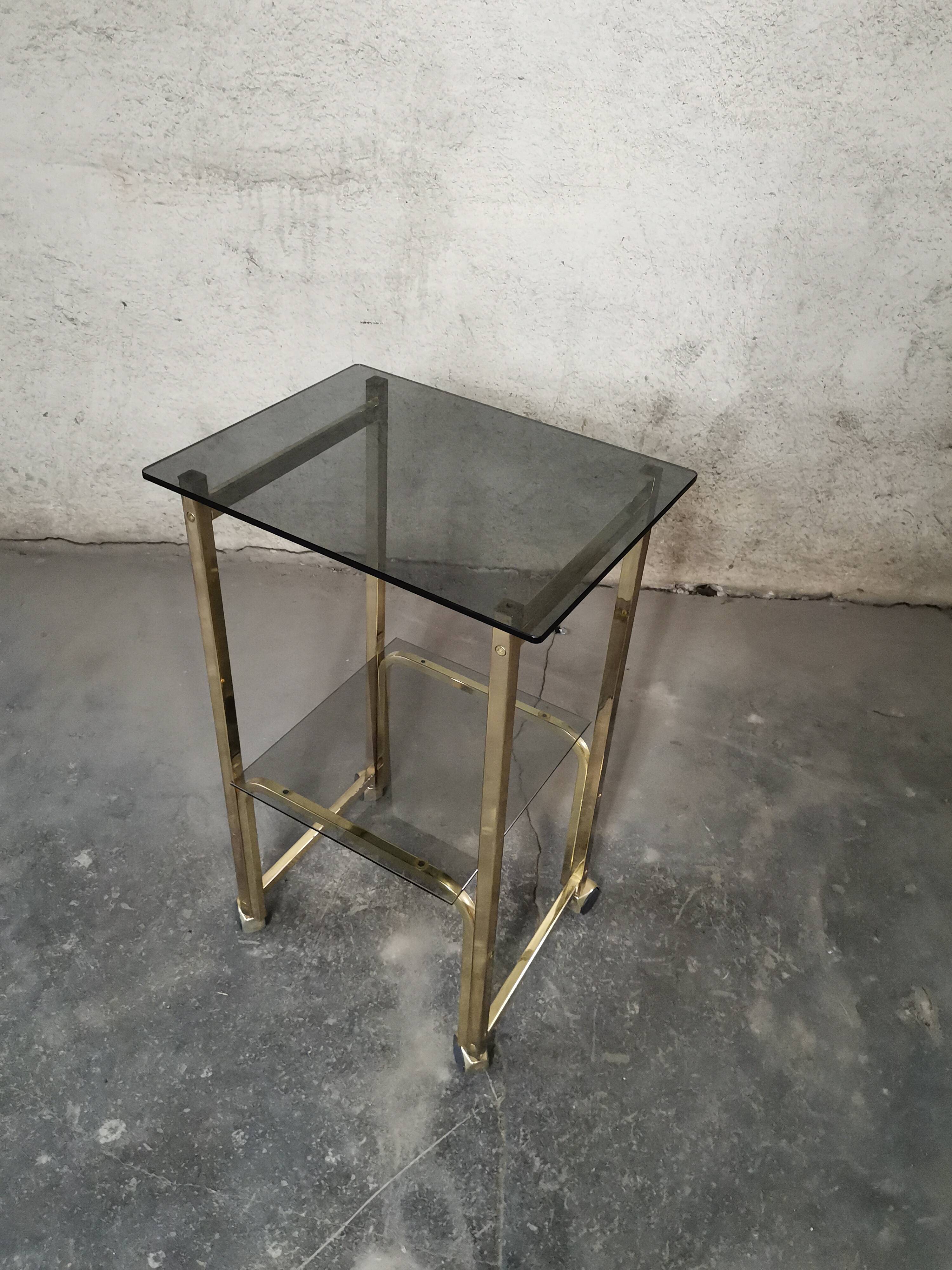 Side Table 1970s smoked glass/gold/wheels
