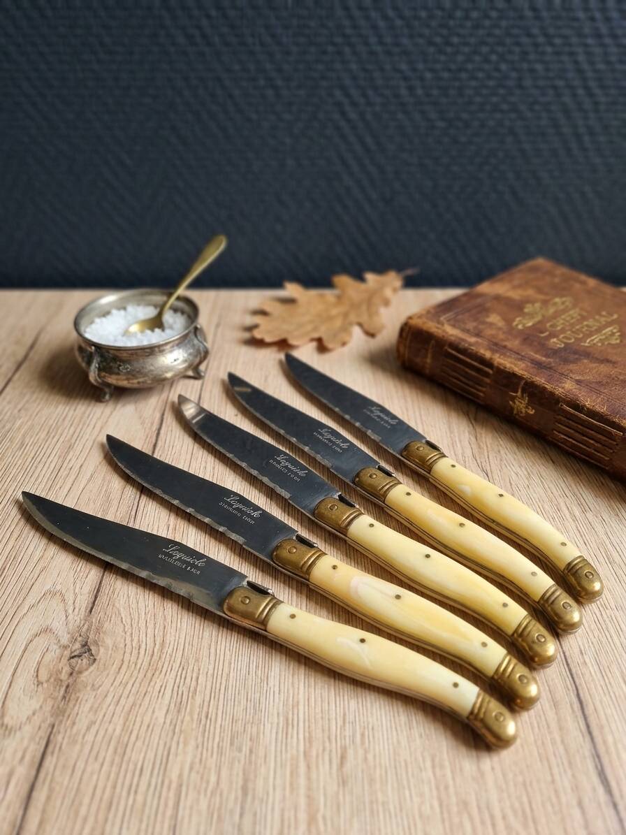 Vintage Box 6 Laguiole Table Knives Ivory Handles Gold Bolsters
