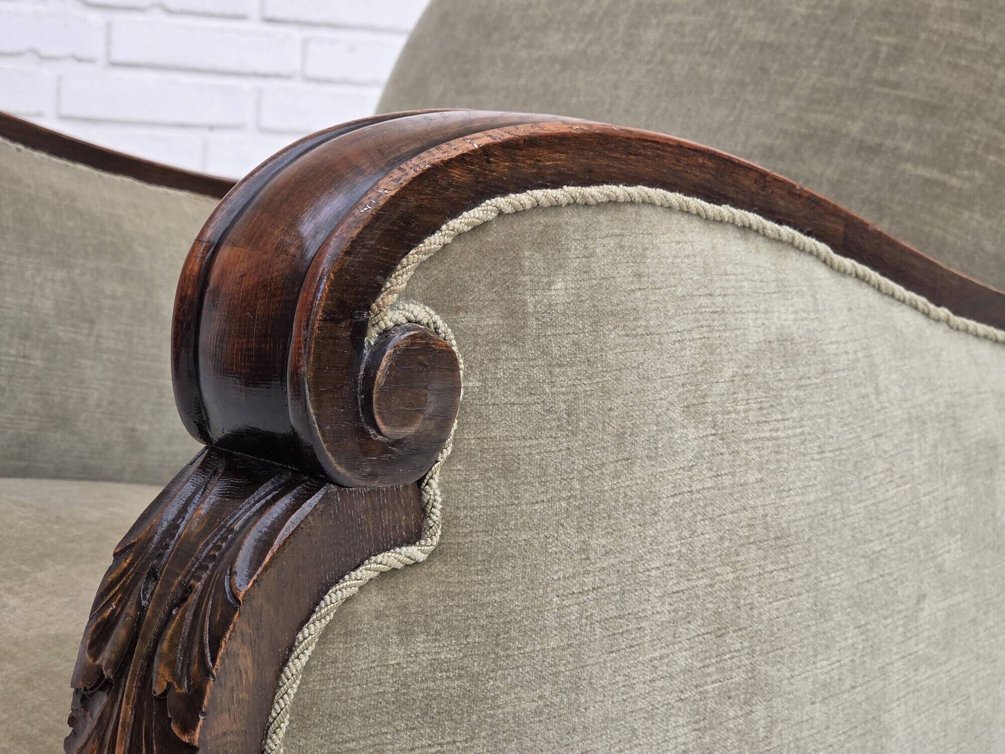 1950s, Danish relax armchair, furniture velour, carved oak wood.