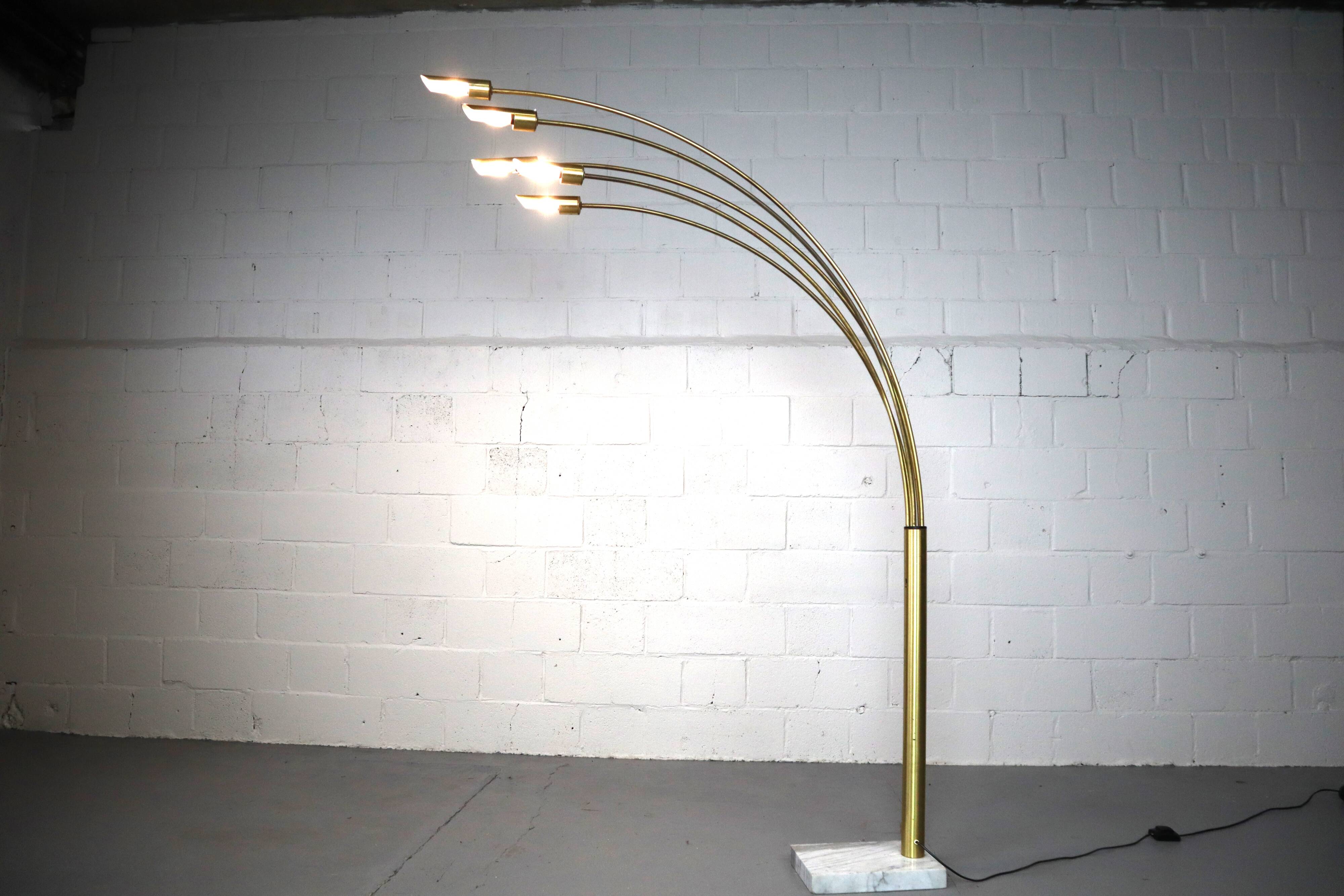 Italian regency brass arc floor lamp with five arms and marble base, 1970's
