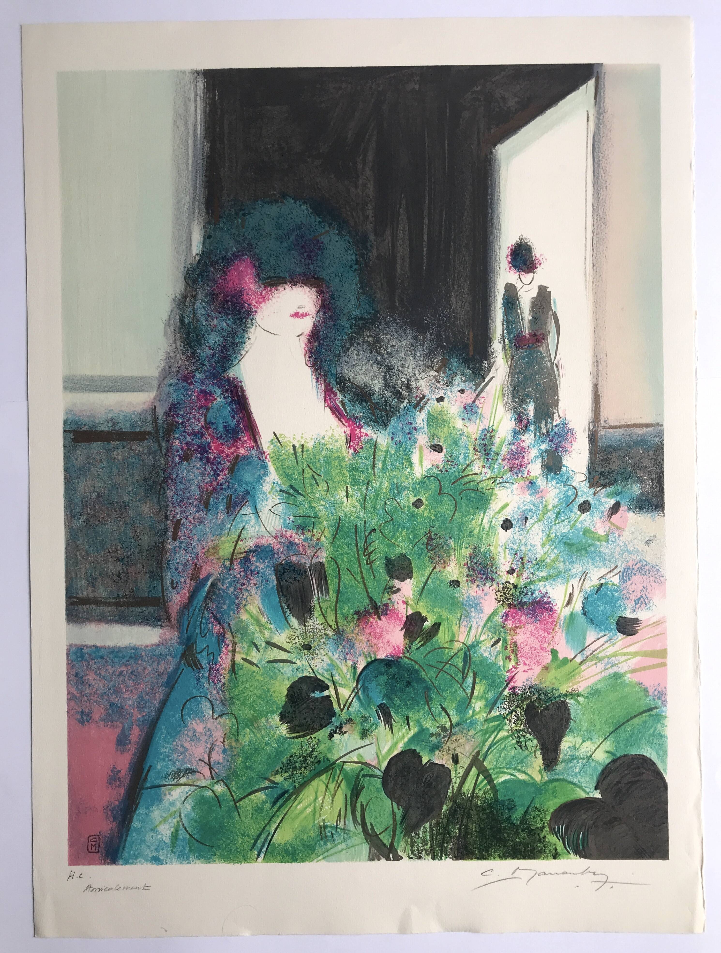 Claude manoukian woman with a bouquet, 1980. lithograph signed in pencil