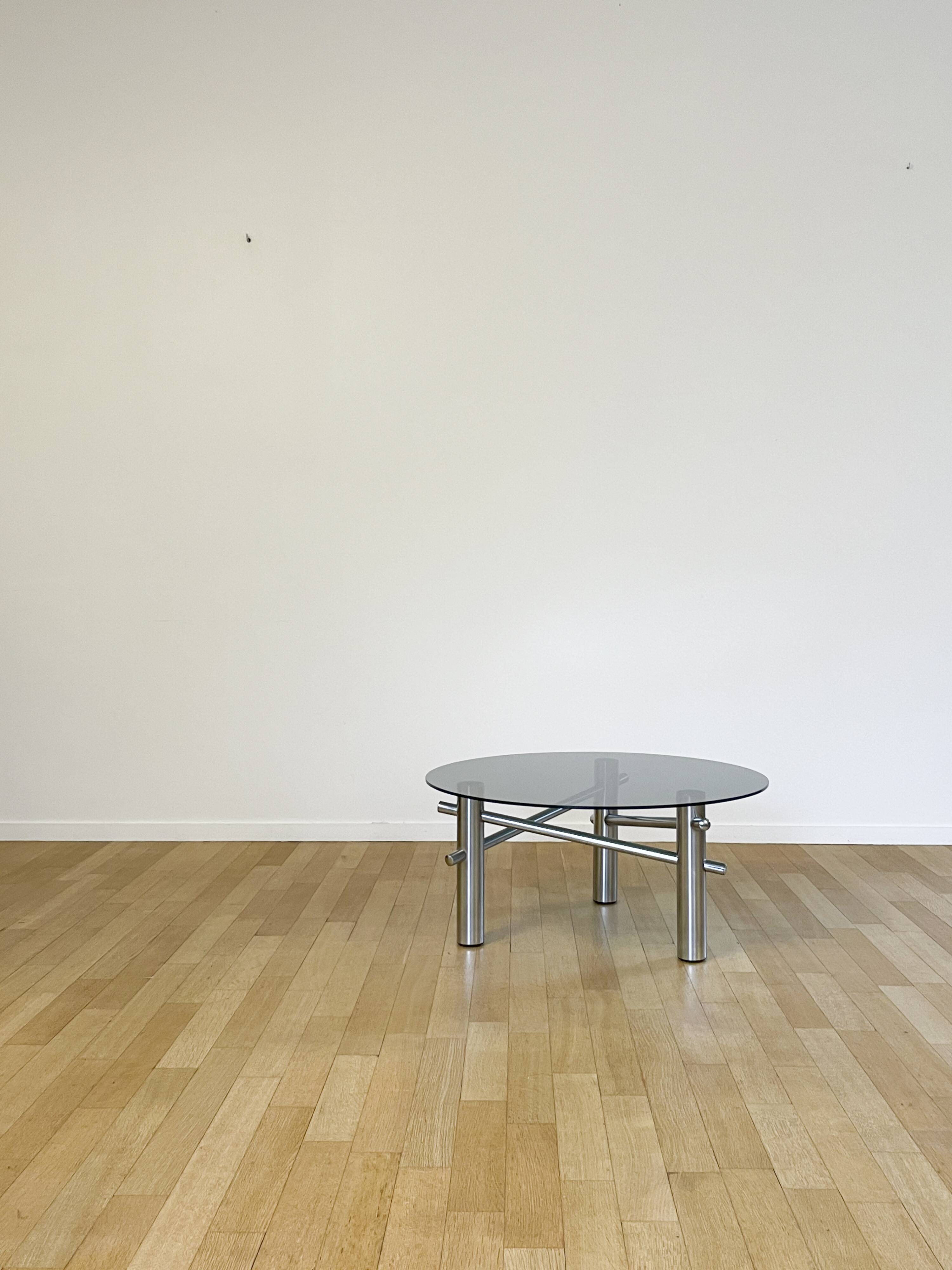 Round coffee table in chrome and smoked glass, 1970s