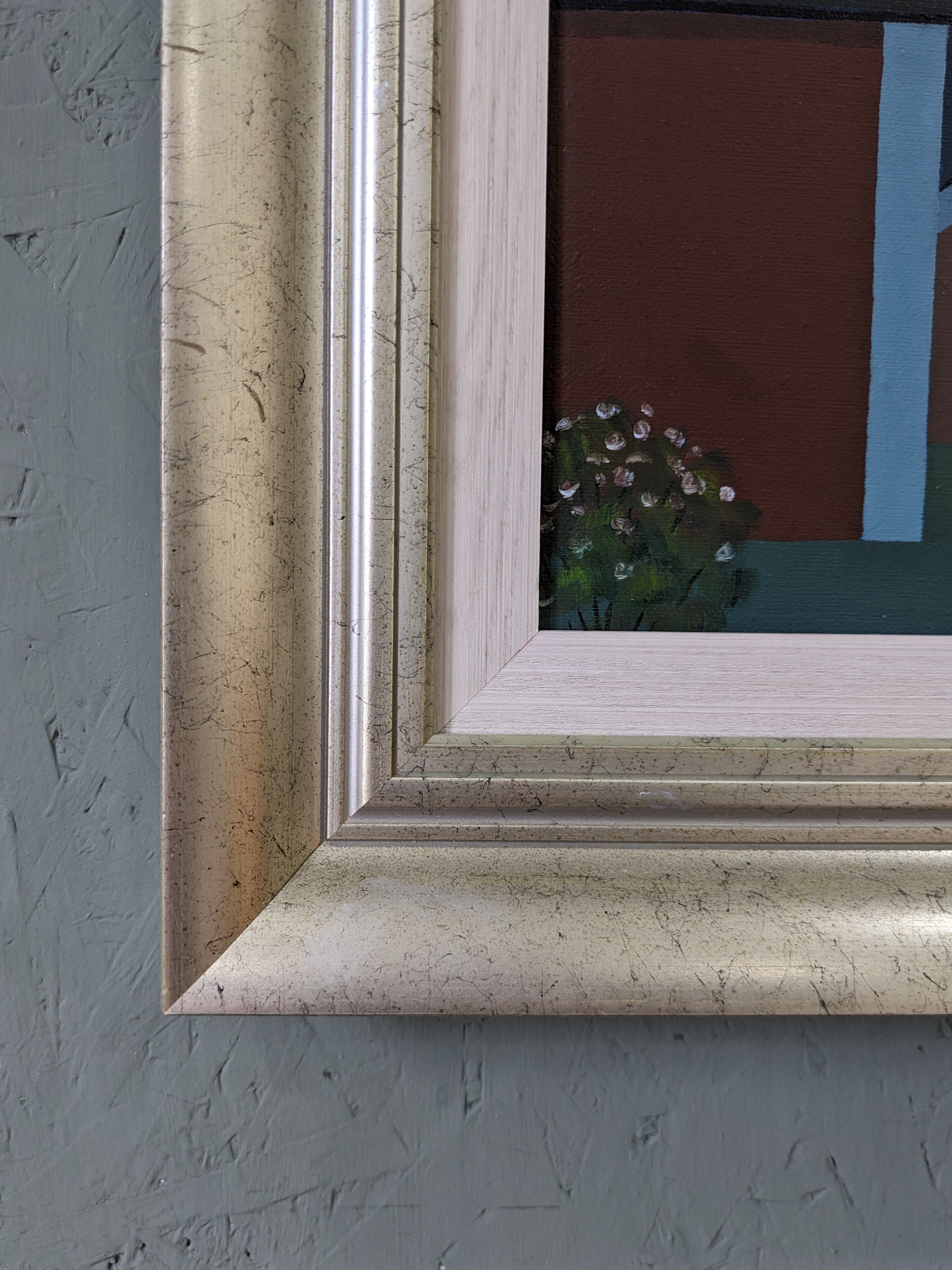 Contemporary Modernist Style Swedish "Houses at Midnight" Framed Street Scene Oil Painting, 1998