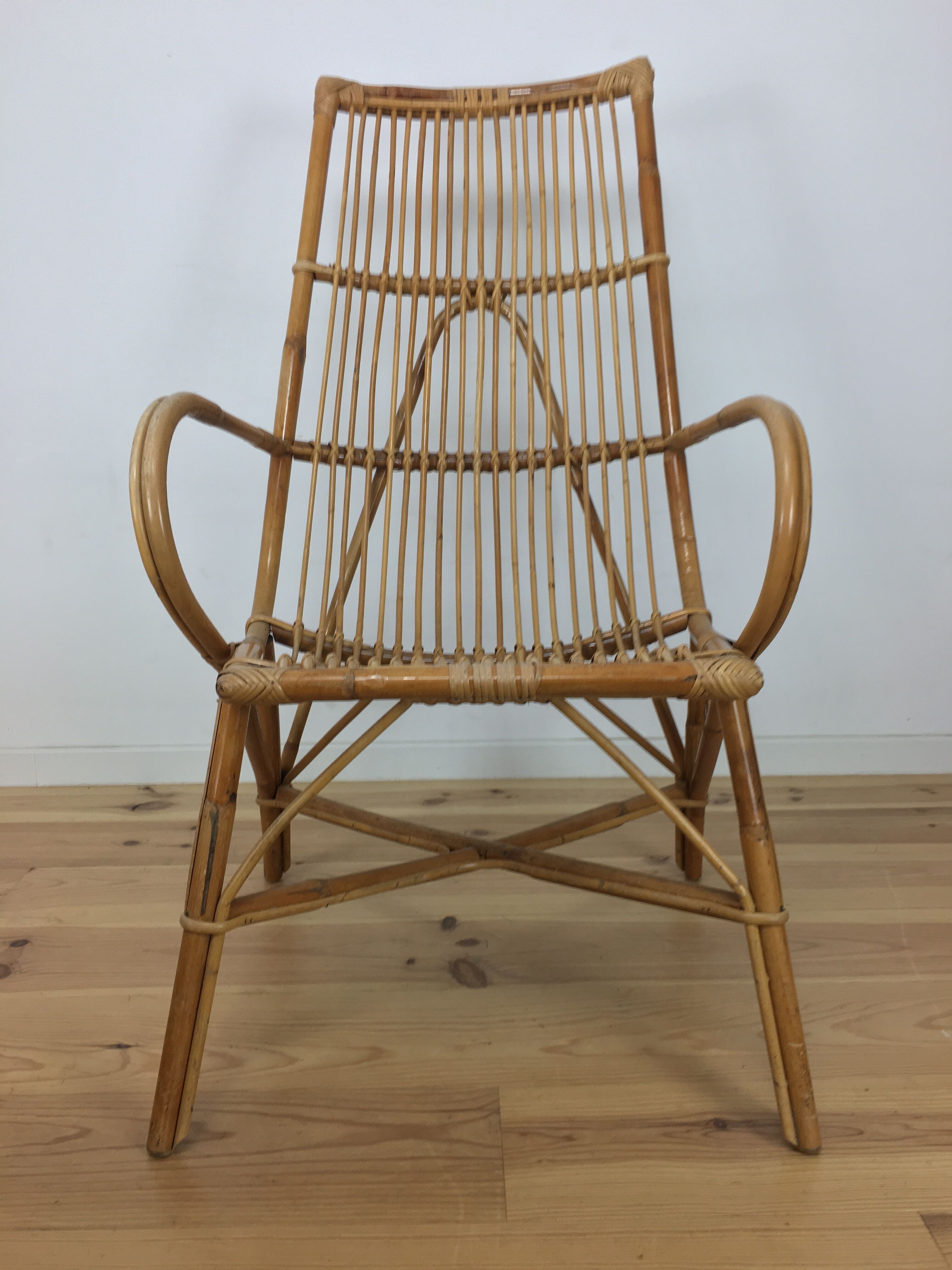 50s rattan chair, high-back basket