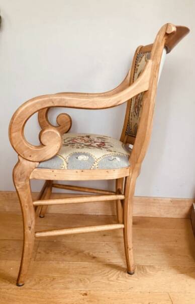 19th century St Empire armchair in pegged blond walnut with cross-stitched tapestries