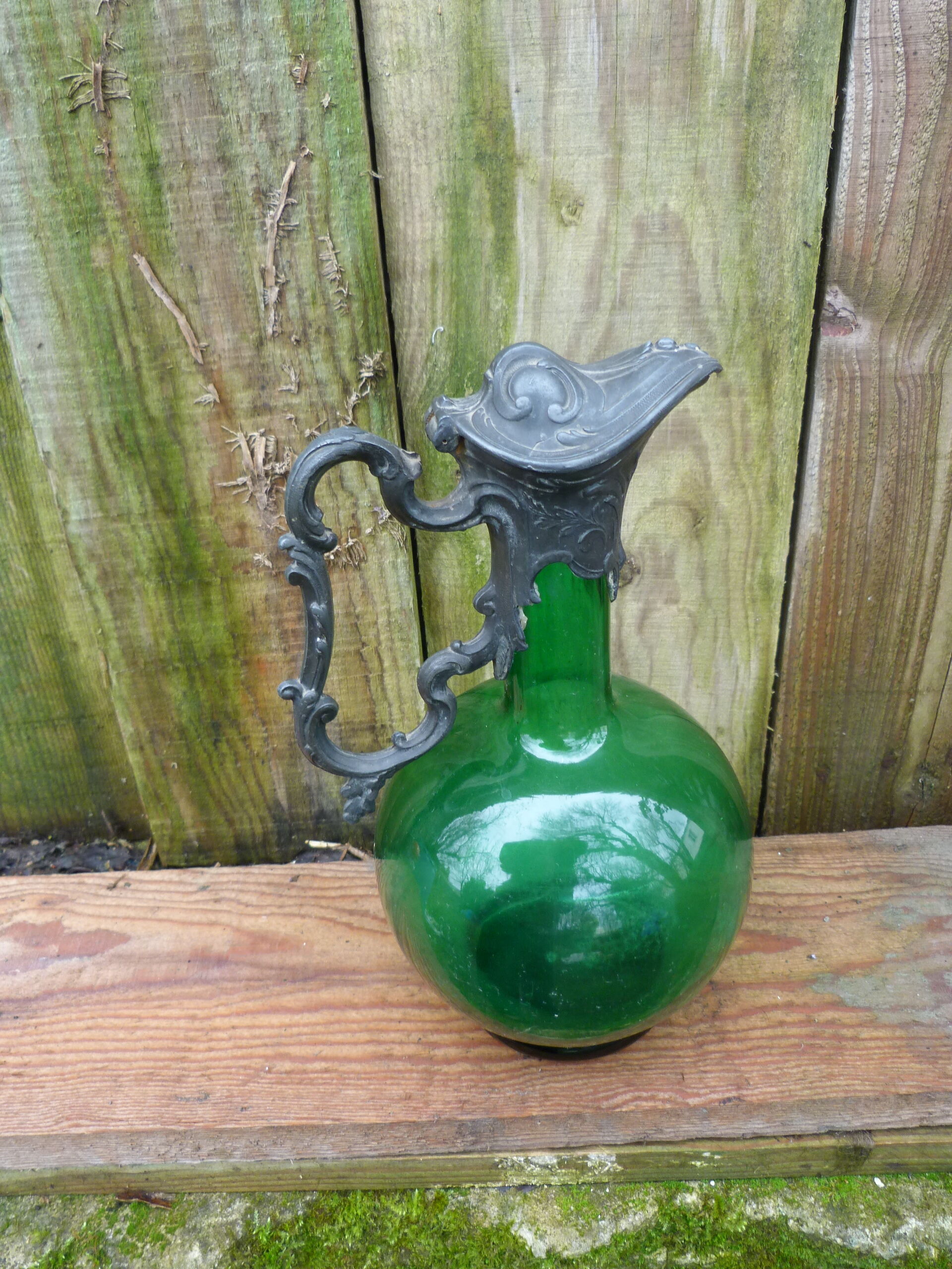 Napoleon III wine jug pitcher in souflé glass and pewter