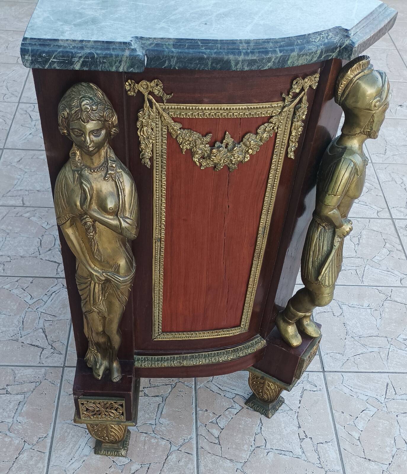 Louis XVI style commode in beech, bronze and marble.