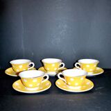 Set of 5 vintage yellow polka dot earthenware cups from Sarreguemines Digoin 1940-1950