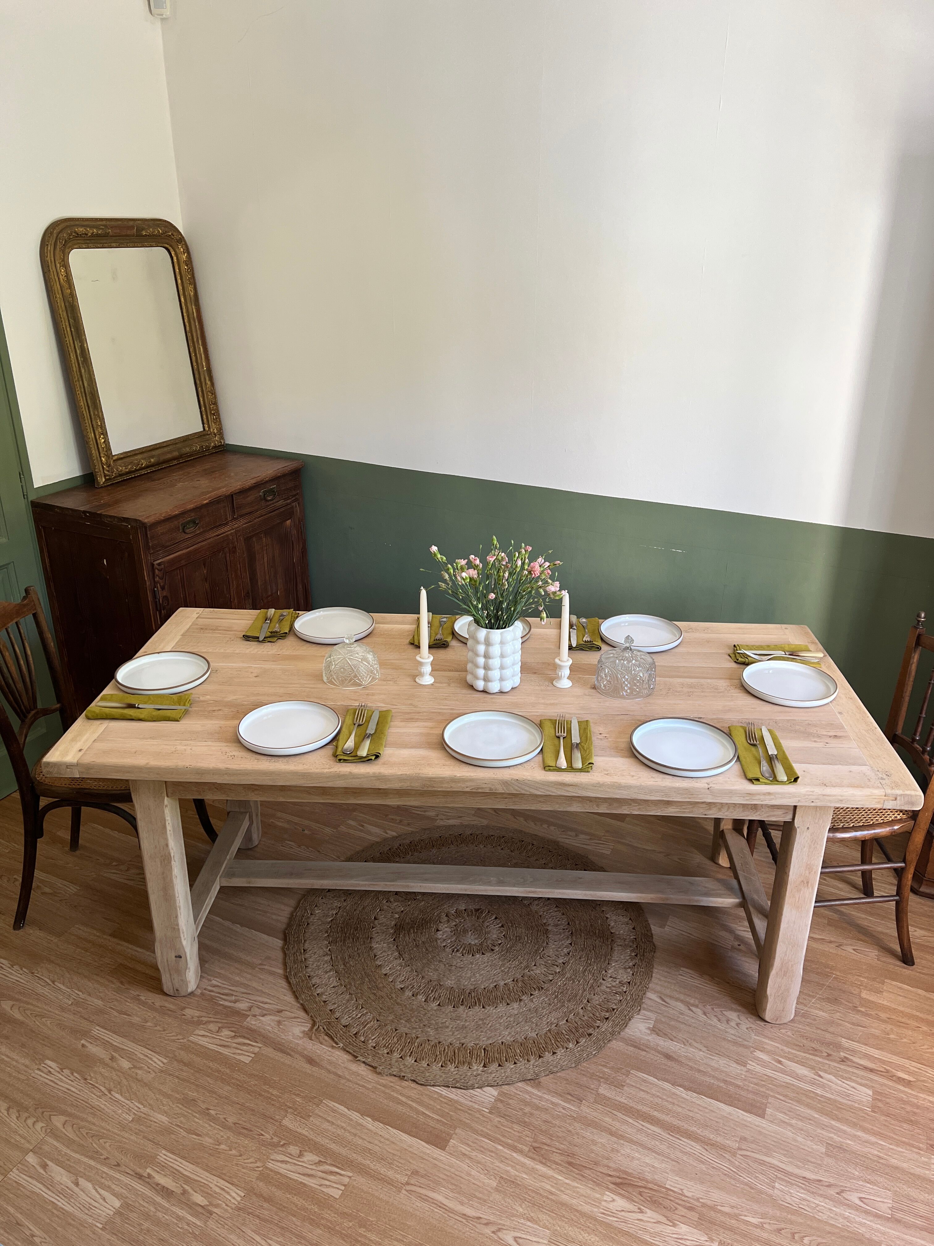 Farm table made of solid light oak wood.
