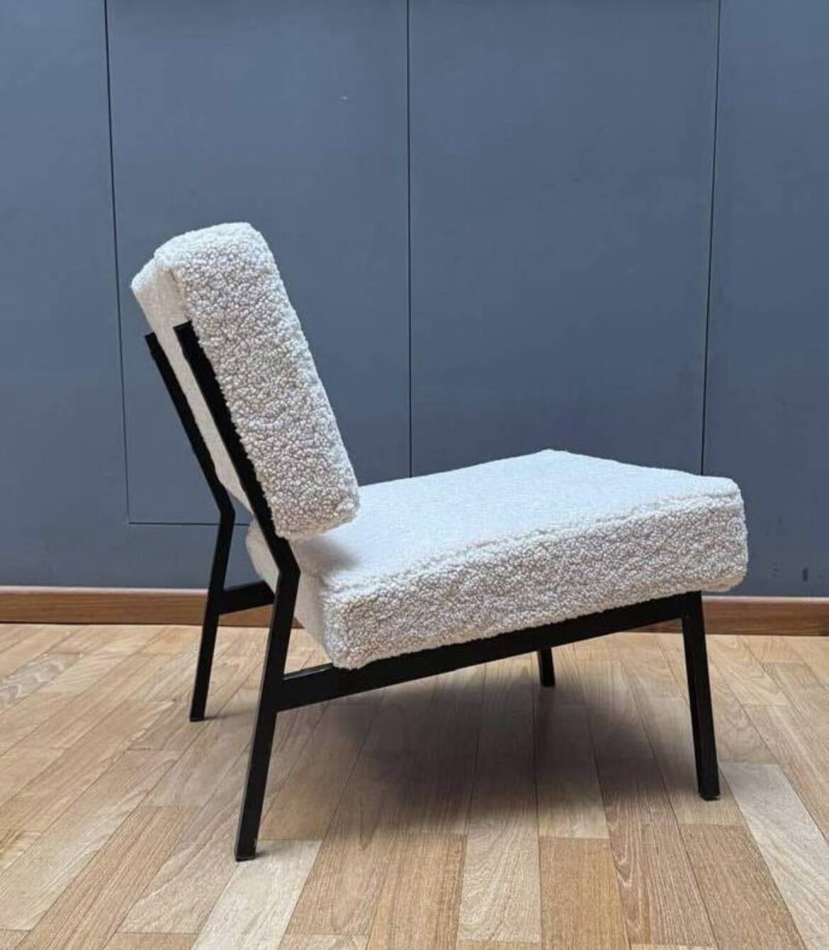 Vintage armchair, black metal and sheepskin fabric, France 1950