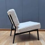 Vintage armchair, black metal and sheepskin fabric, France 1950