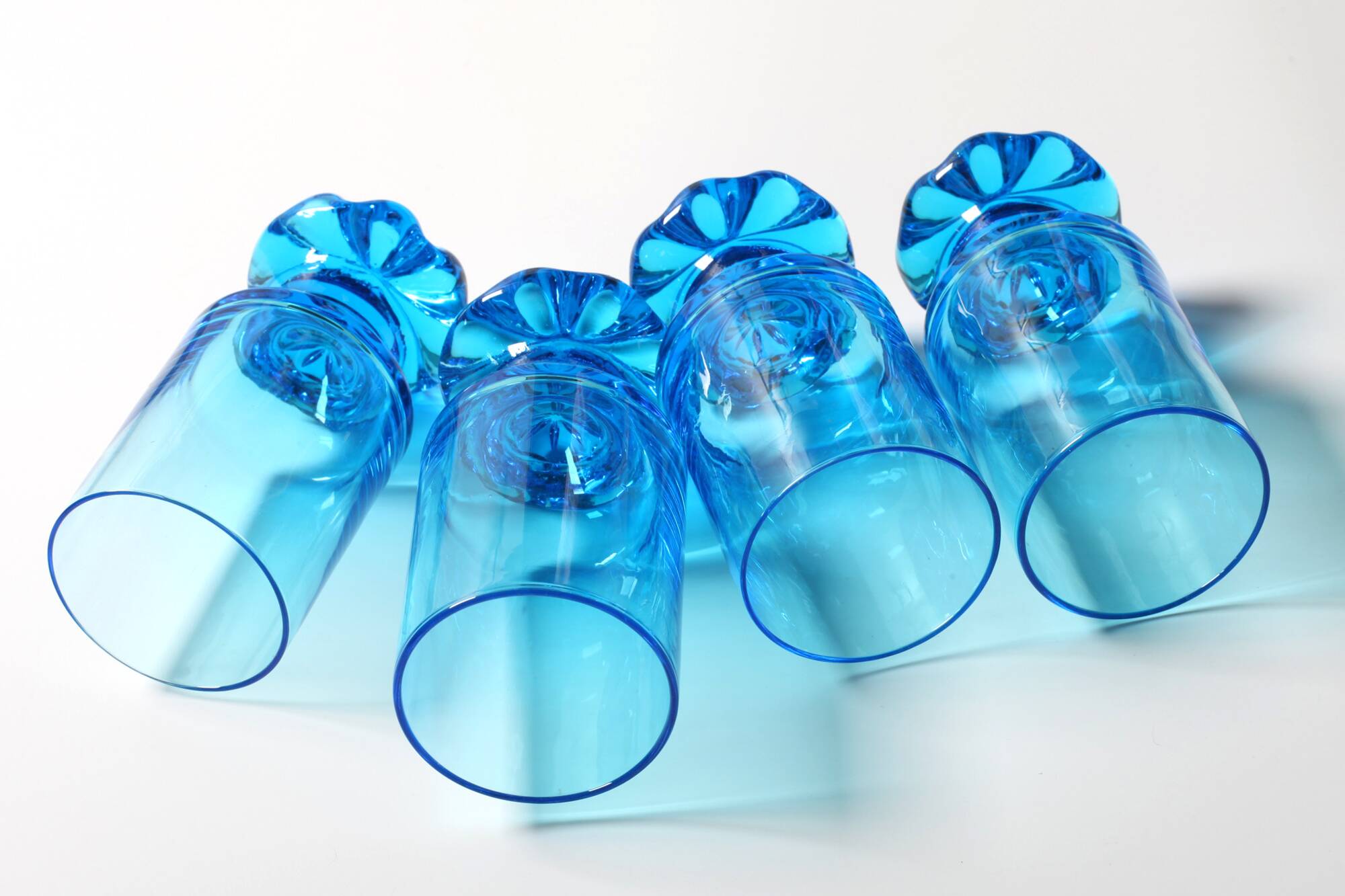 Set of 4 Unique Vintage Bright Blue Glasses / Solid Rare Tumblers / Italy /