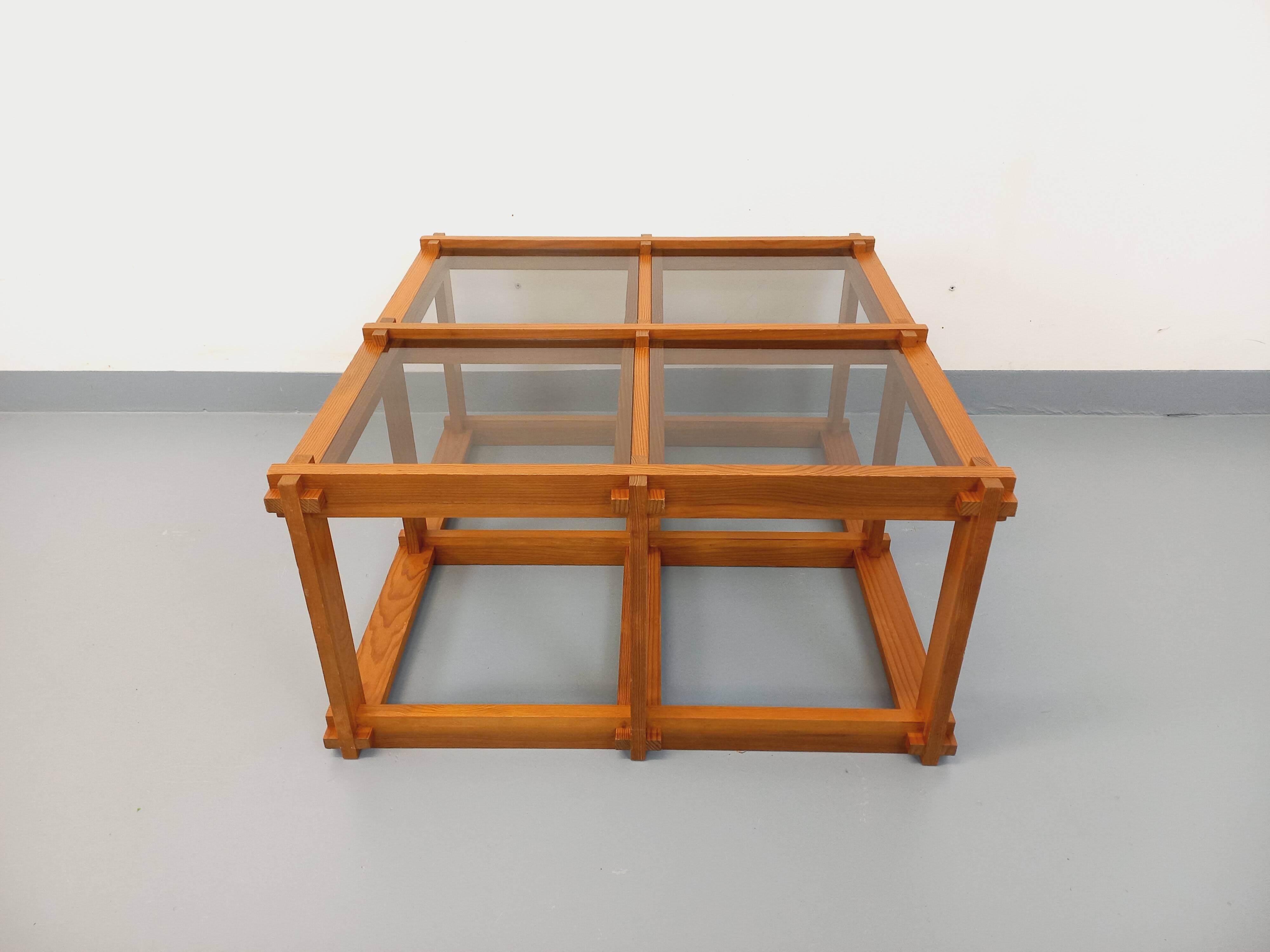 Vintage square coffee table in pine and smoked glass from the 70s and 80s.
