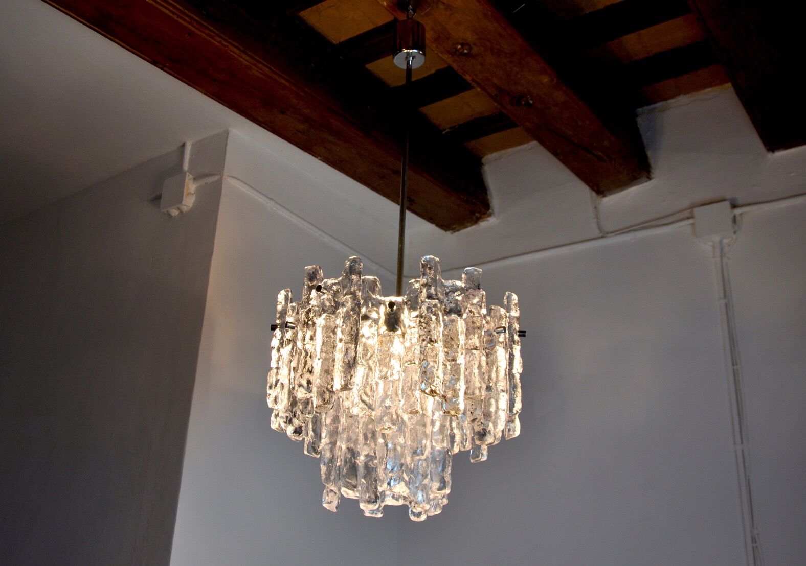 J.T Kalmar 'Glaçon' chandelier, Frosted Glass, 2 Levels, Austria, 1970