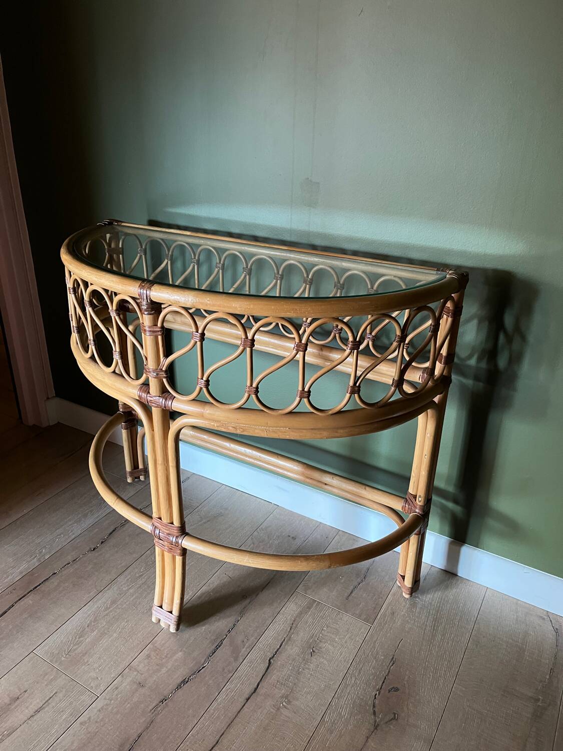 Vintage bamboo rattan half-moon console